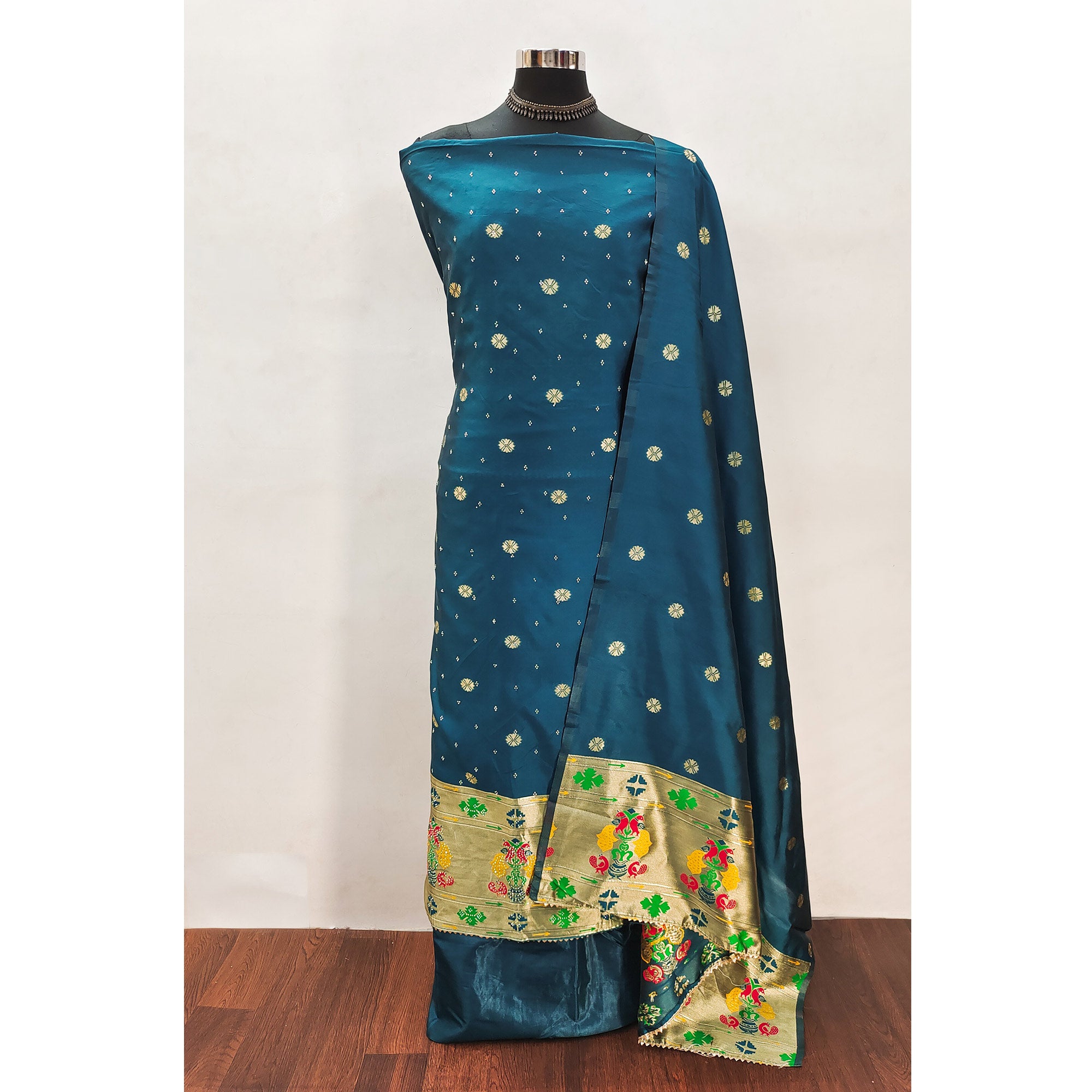 Teal Floral Woven With Swarovski Work Banarasi Silk Dress Material