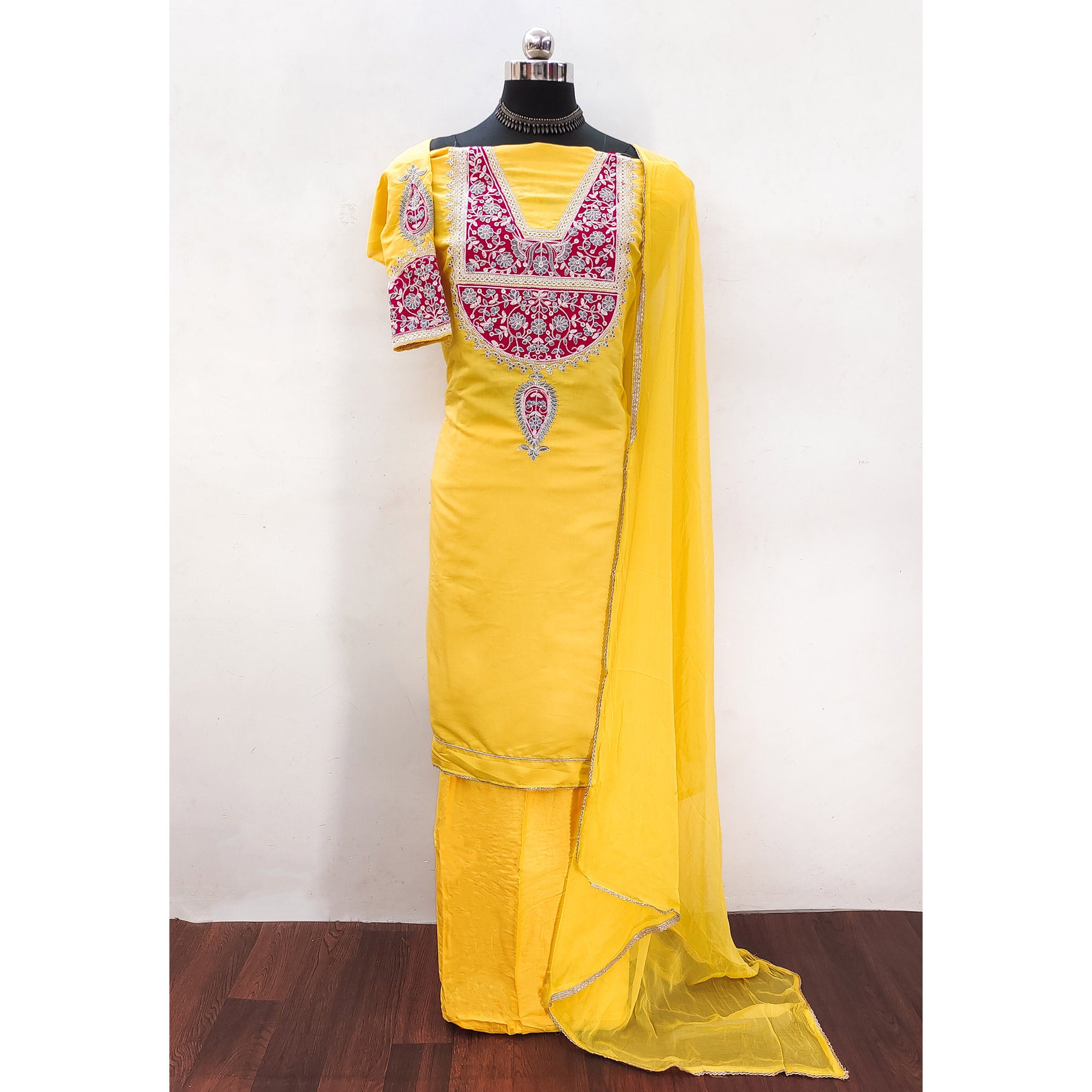 Yellow Floral Sequins Embroidered Viscose Dress Material