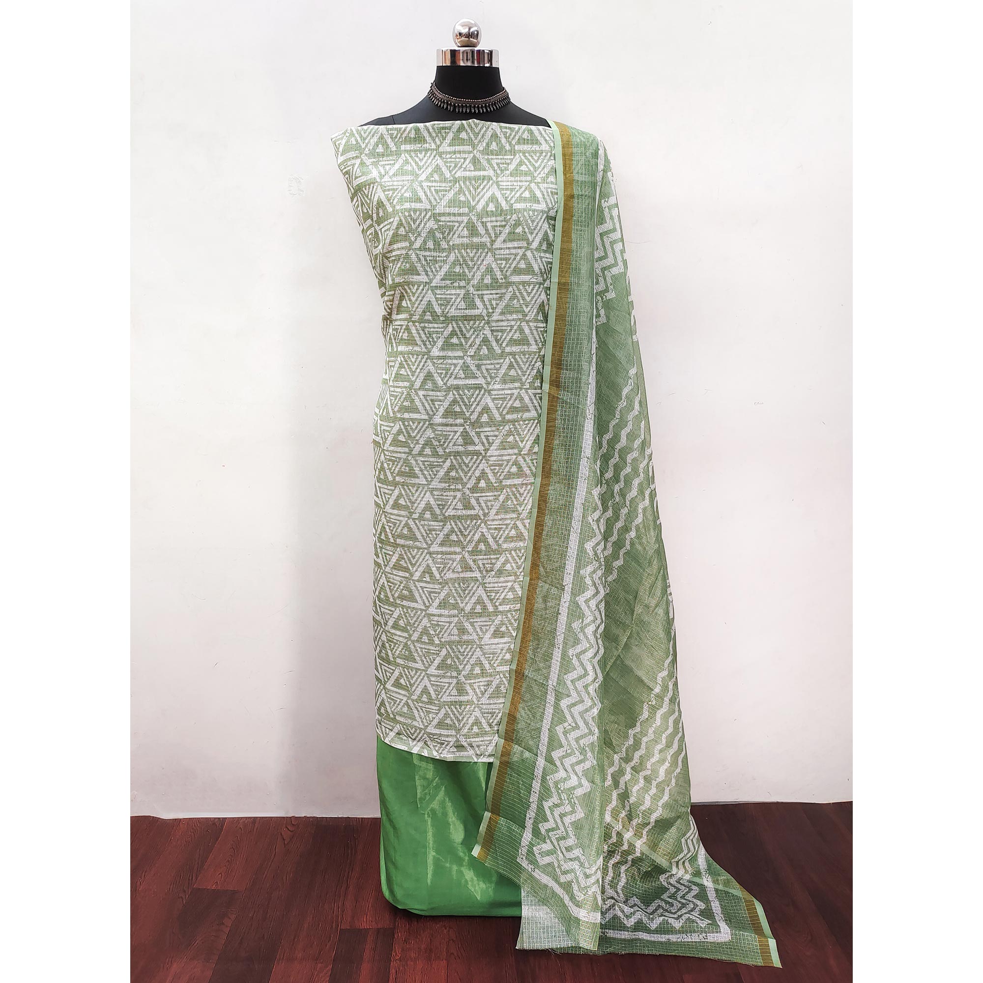 Green Geometric Printed Kota Doria Dress Material