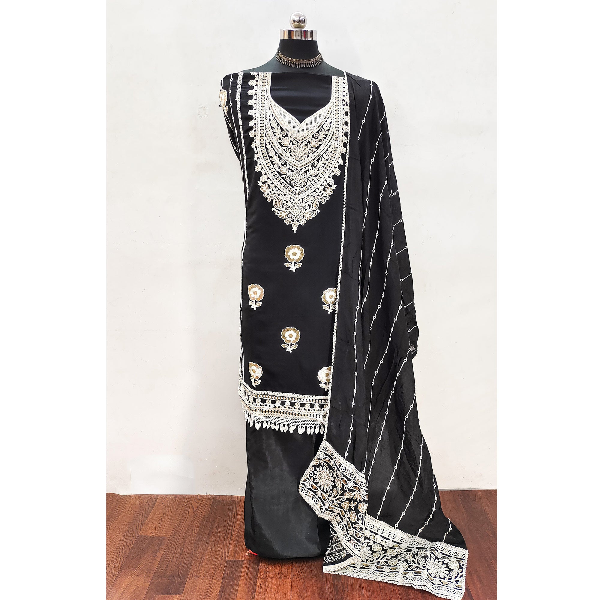 Black Floral Embroidered Georgette Dress Material