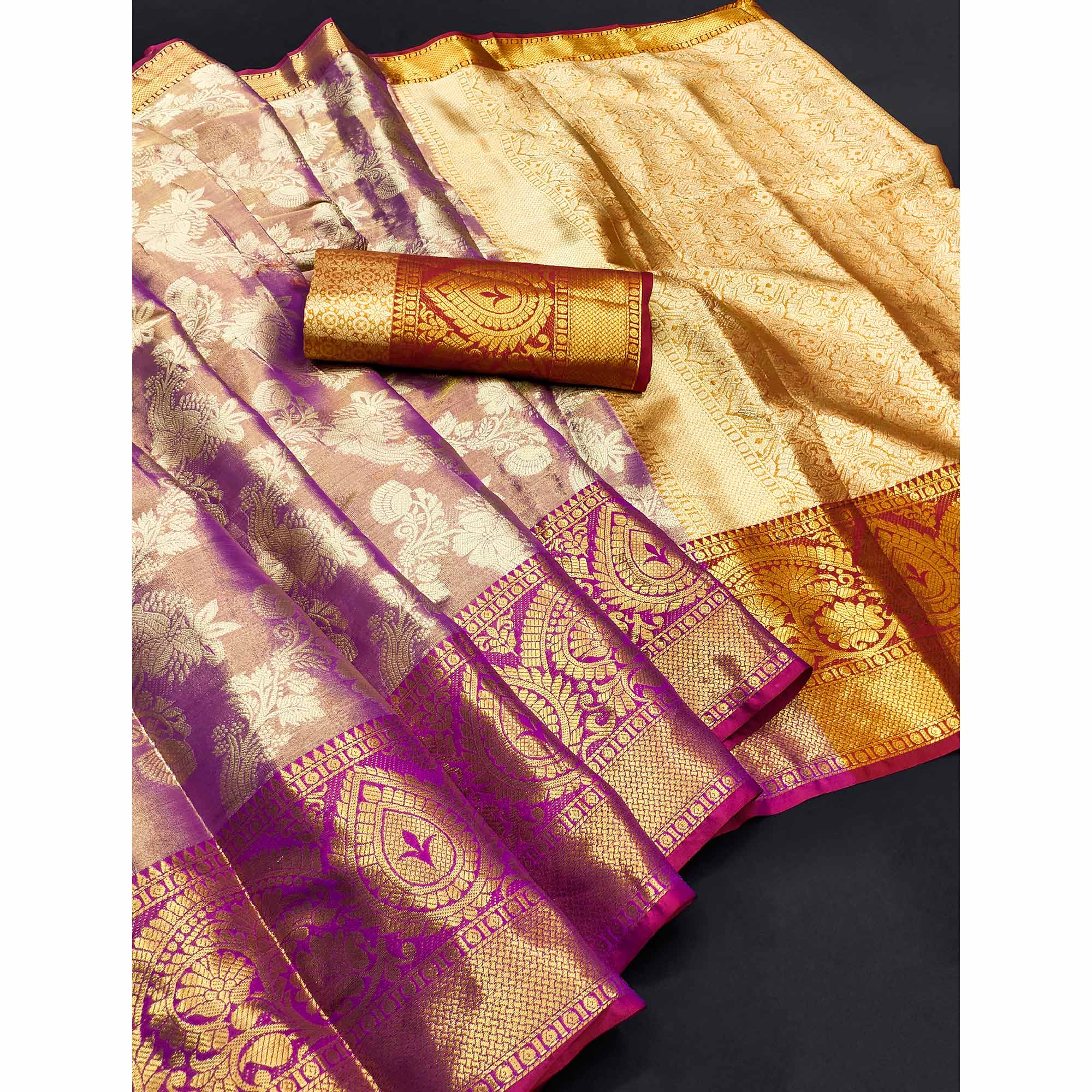 Purple Floral Woven Banarasi Silk Saree