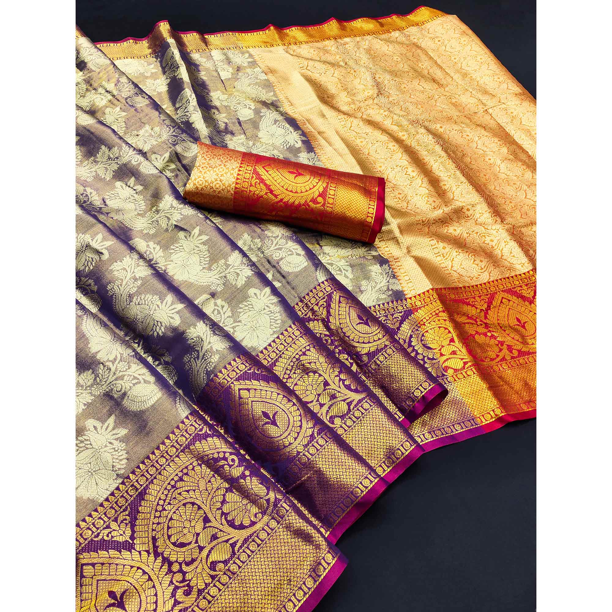Violet Floral Woven Banarasi Silk Saree