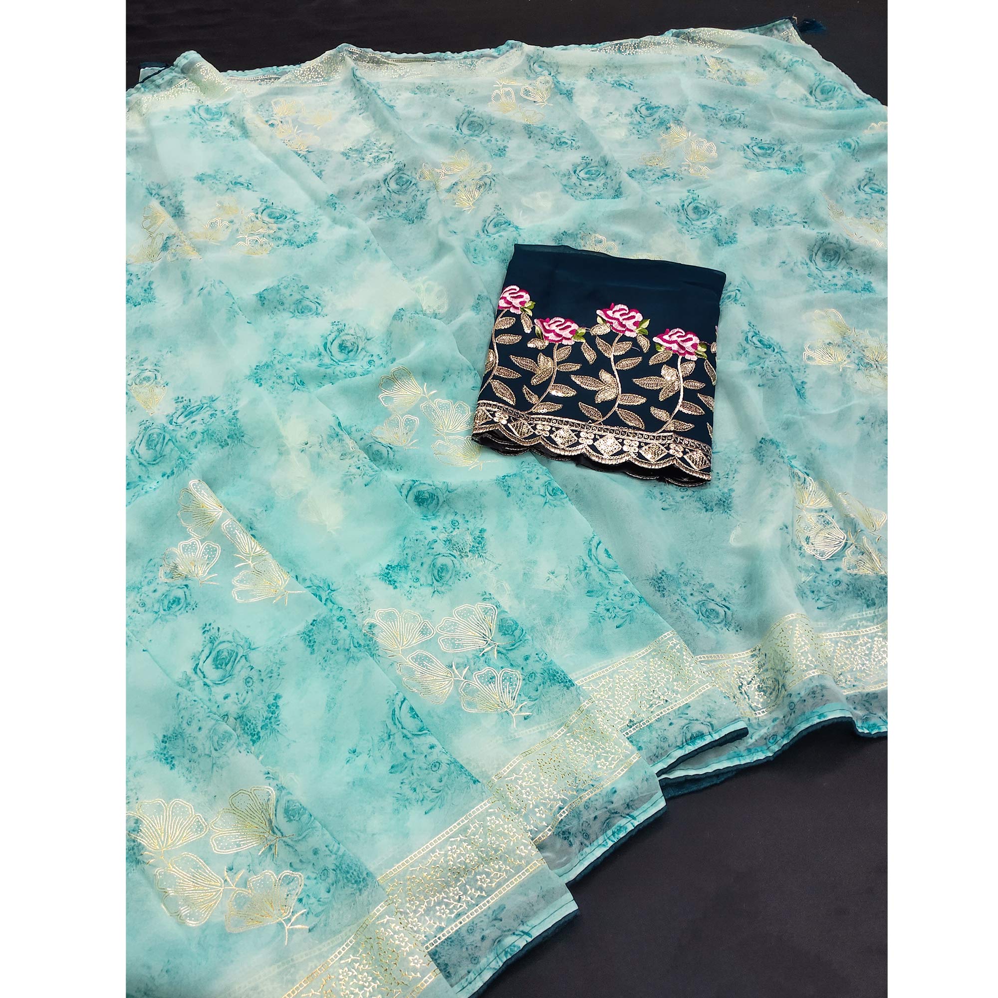 Blue Floral Printed Georgette Saree