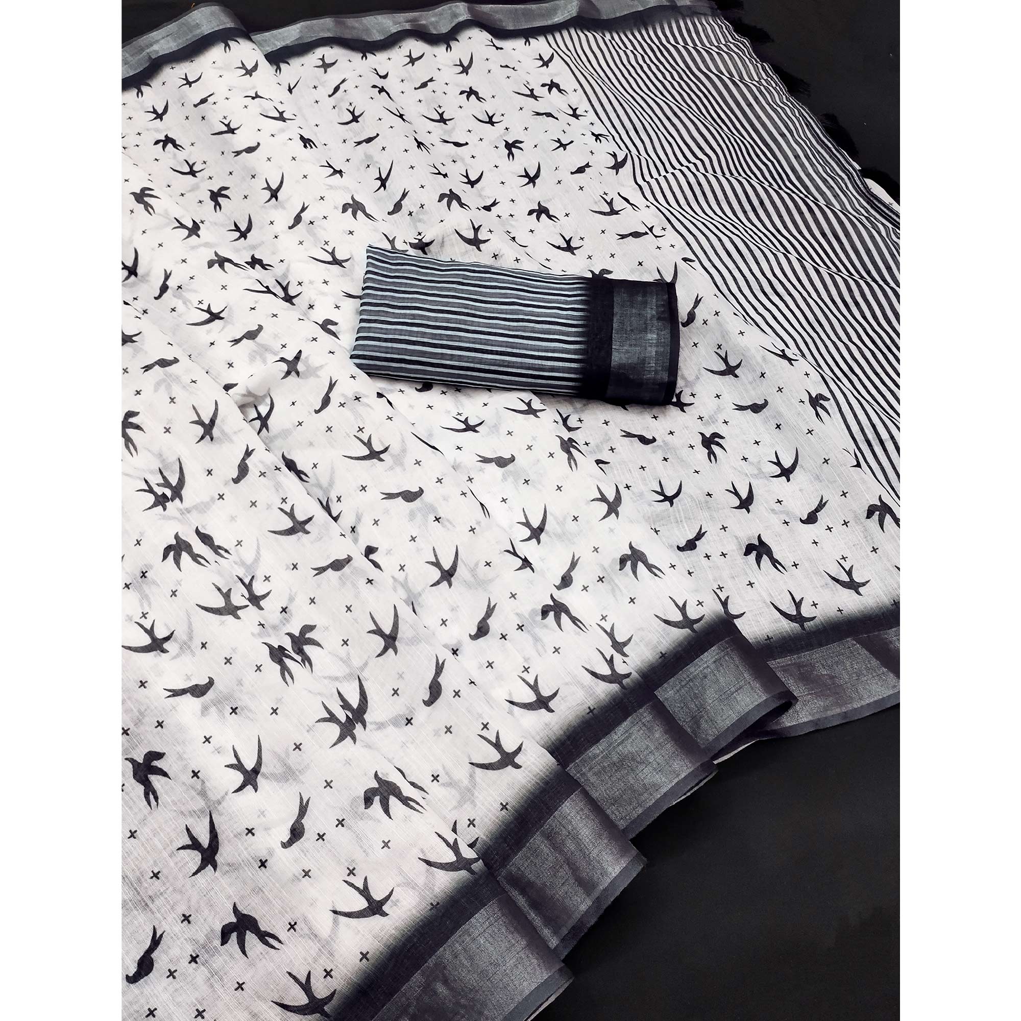White & Black Linen Saree with Striking Abstract Prints for Everyday Elegance