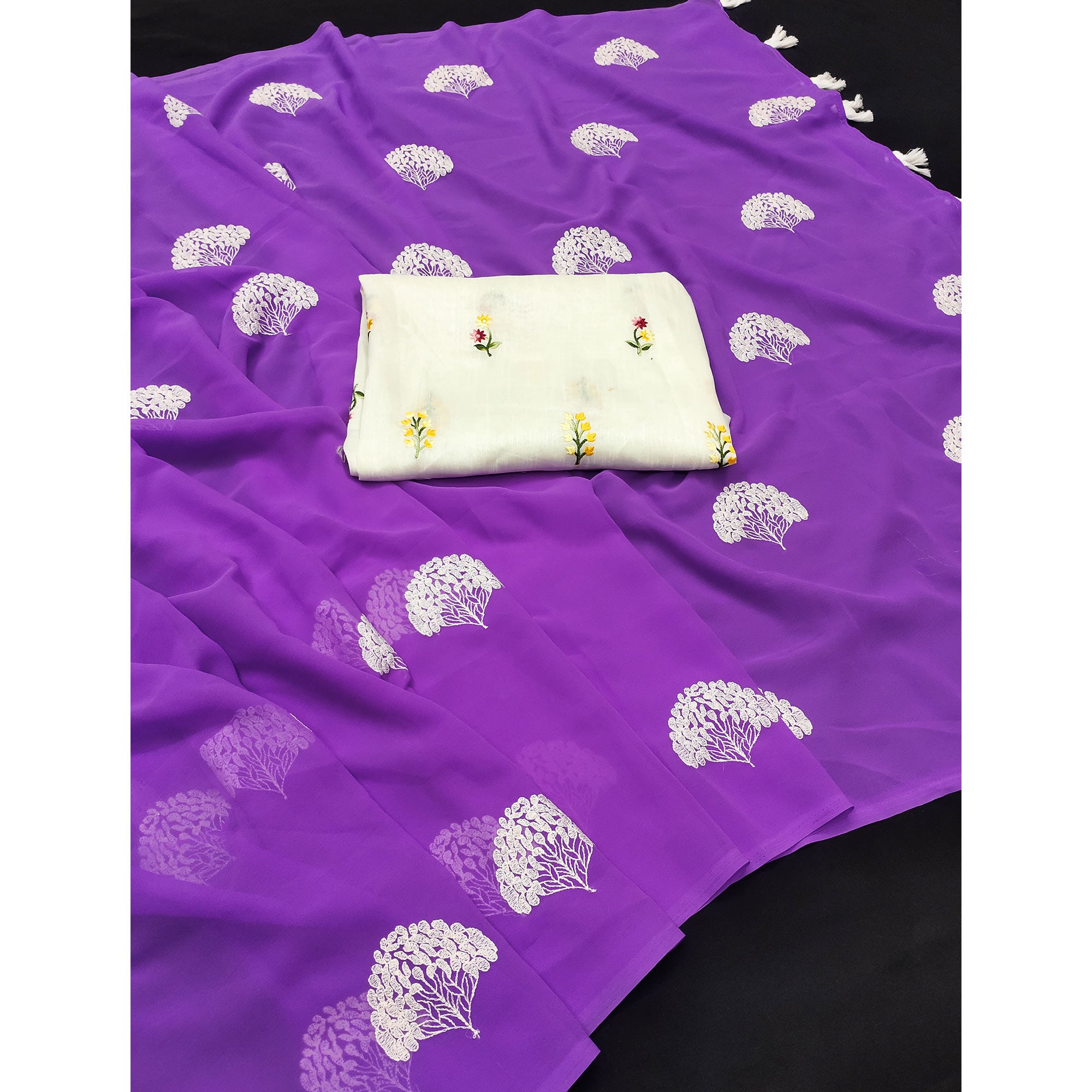 Purple Thread Embroidered Georgette Saree With Tassels