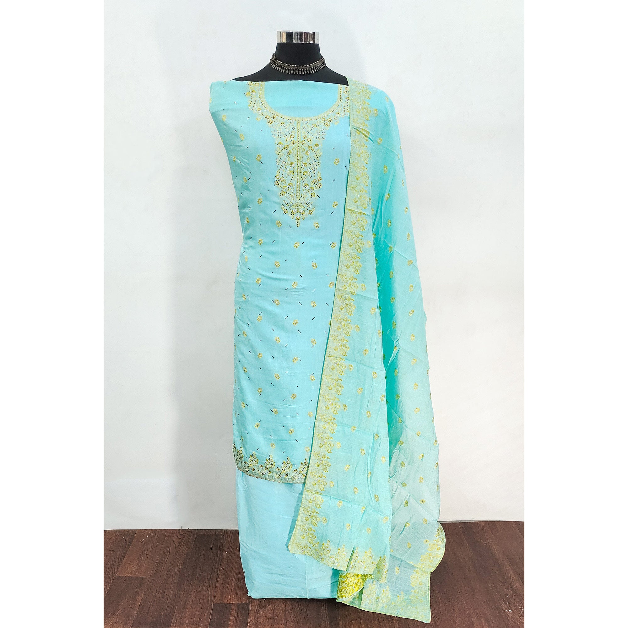 Sky Blue Floral Banarasi Silk Dress Material with Rich Zari Weaving