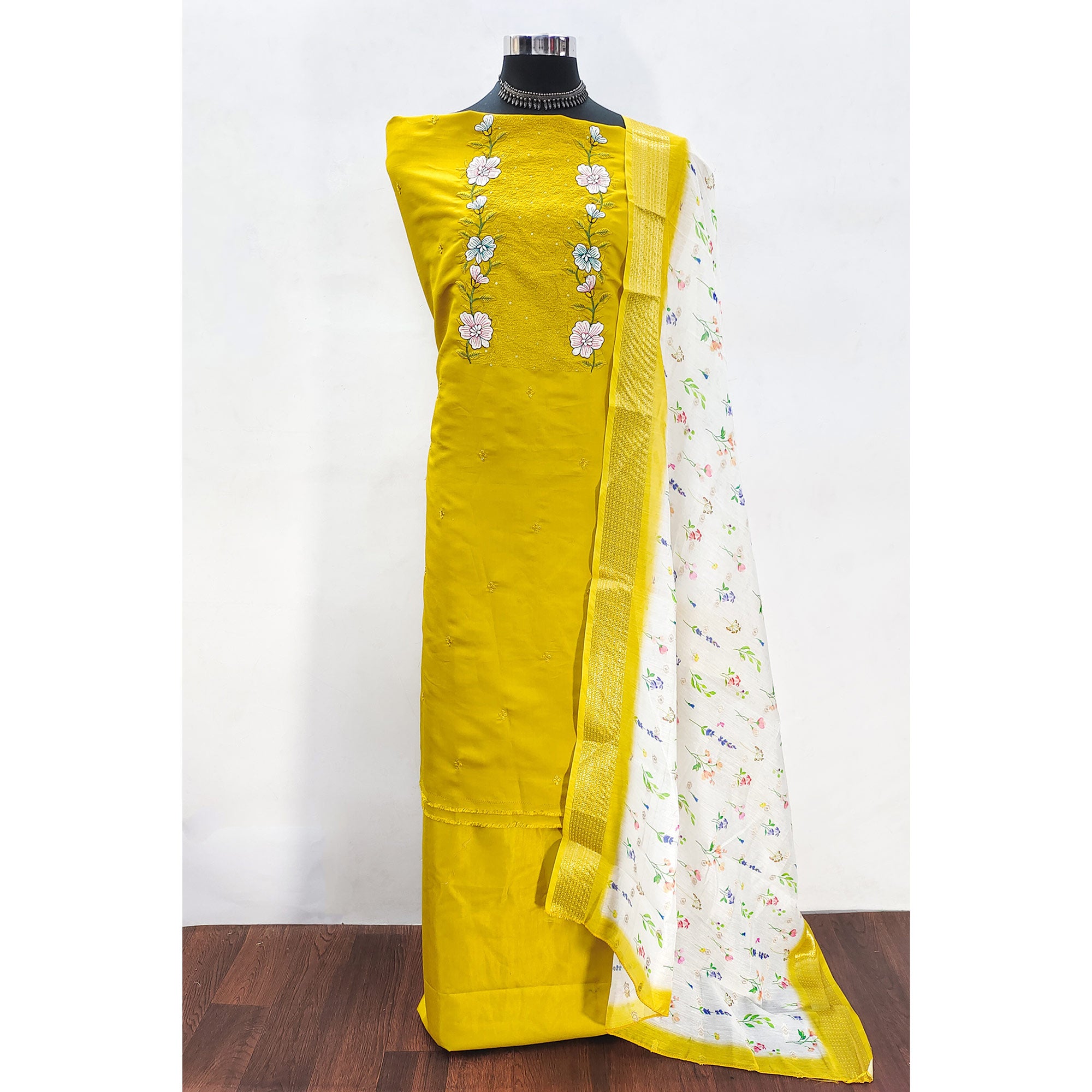 Mustard Viscose Dress Material with Intricate Floral Embroidery