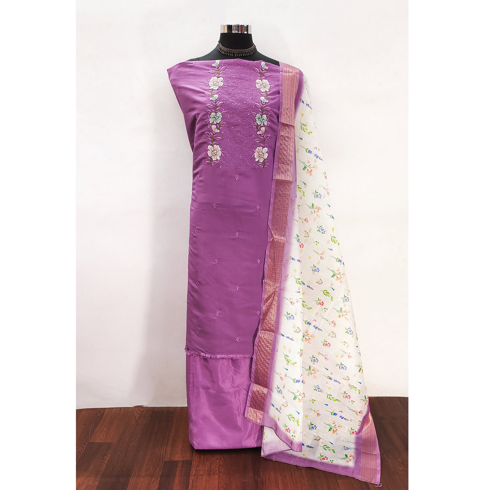 Purple Viscose Dress Material with Intricate Floral Embroidery