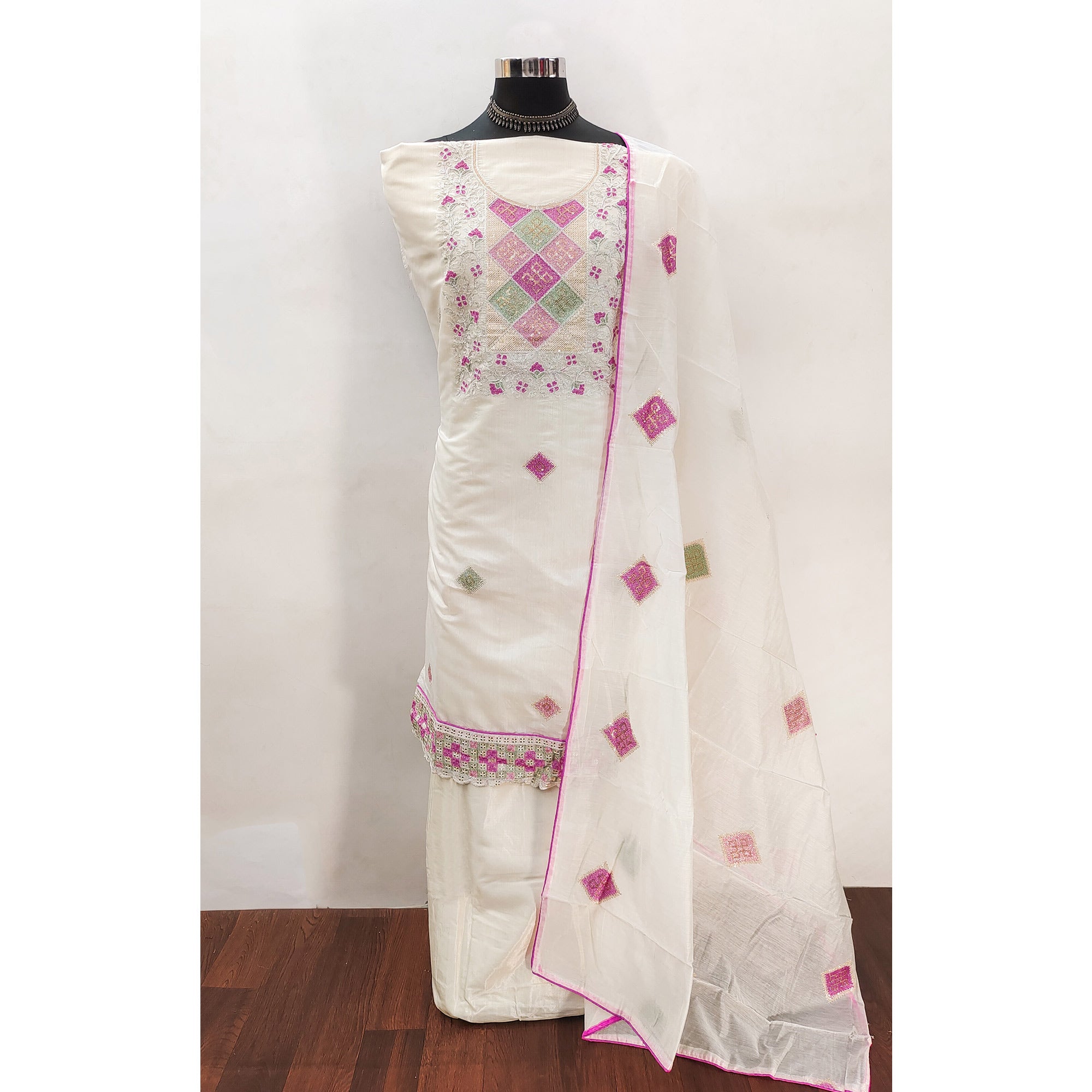 White Chanderi Unstitched Dress Material with Floral Embroidery