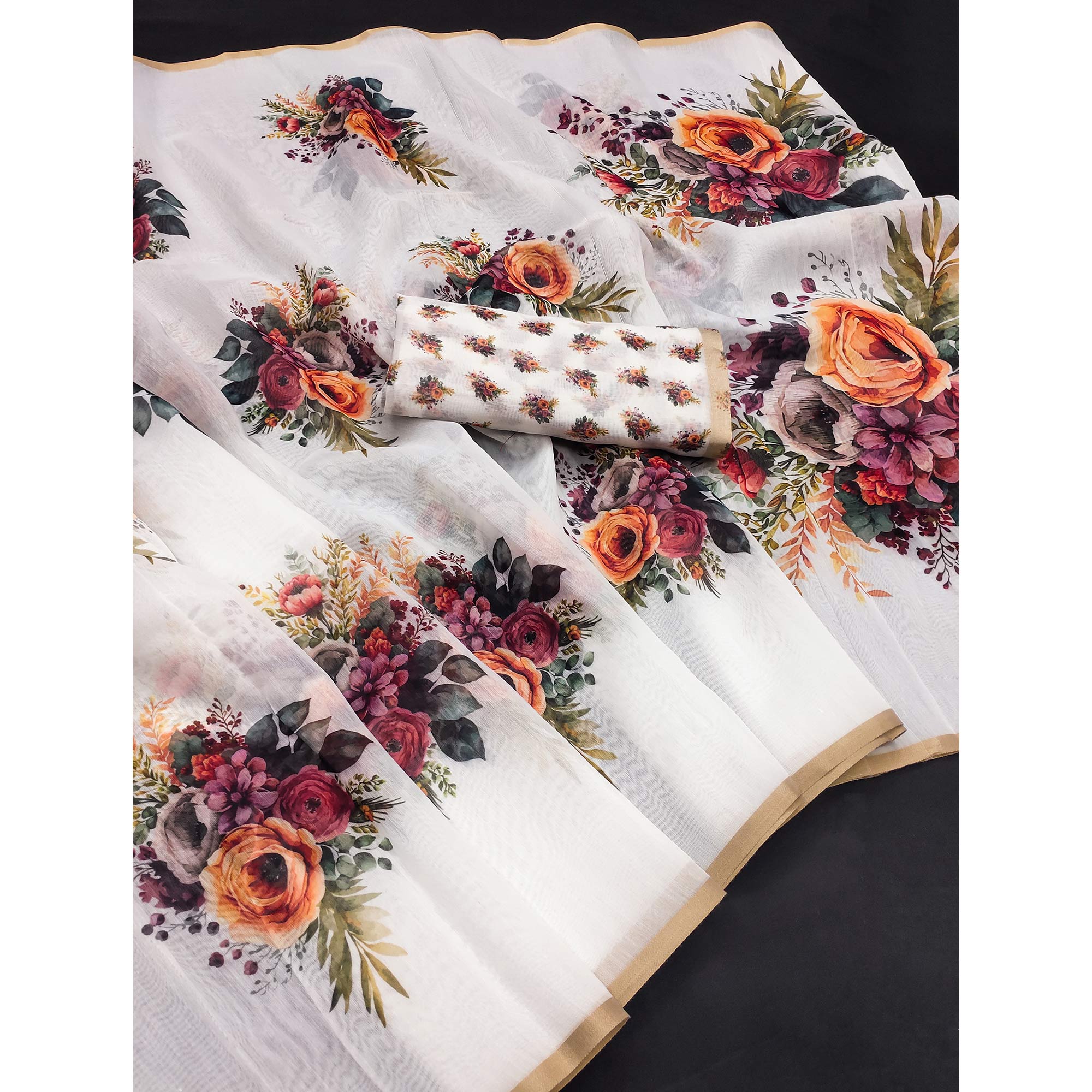 Elegant White Chanderi Saree with Floral Prints