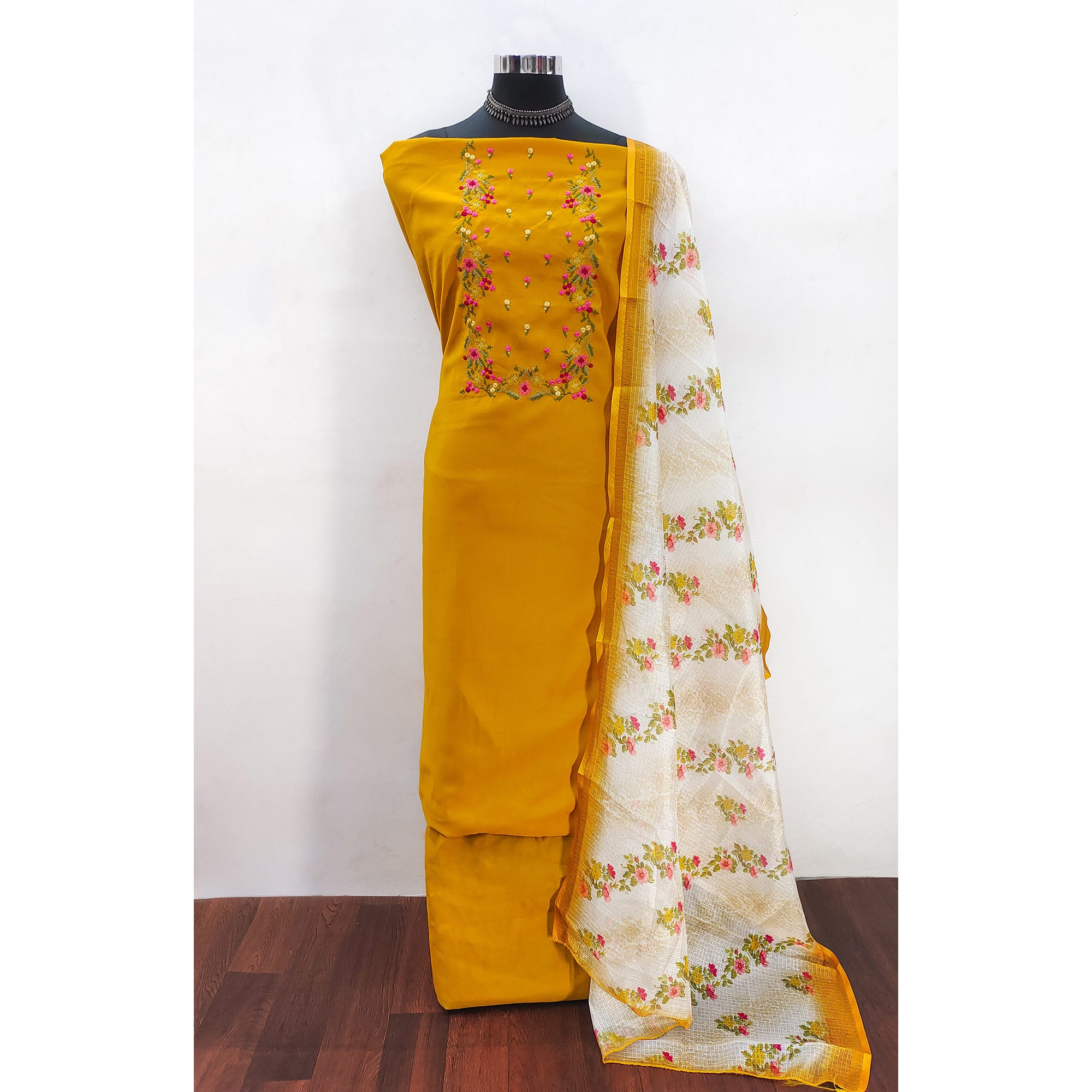 Mustard Viscose Dress Material With Floral Embroidered Neckline