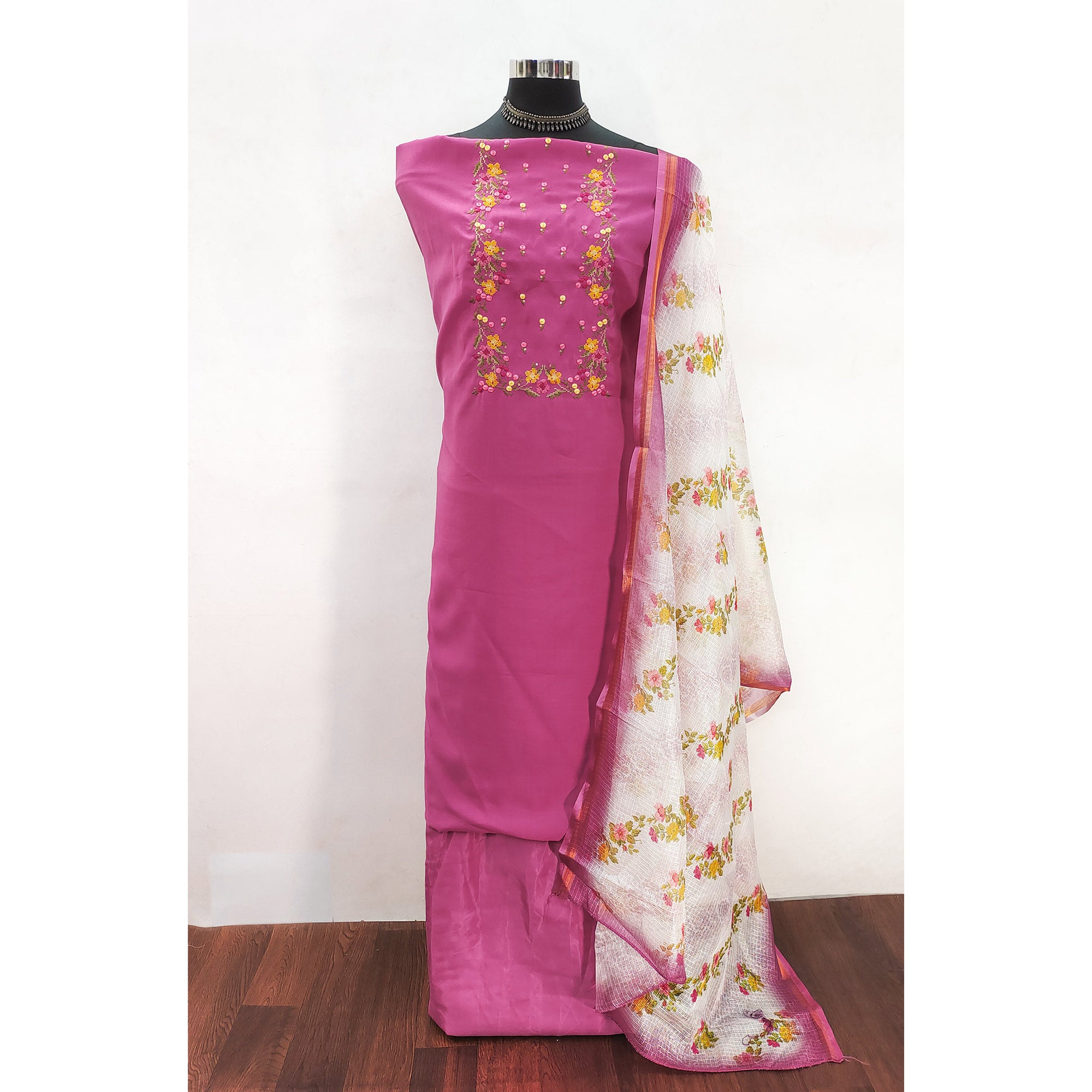Pink Viscose Dress Material With Floral Embroidered Neckline