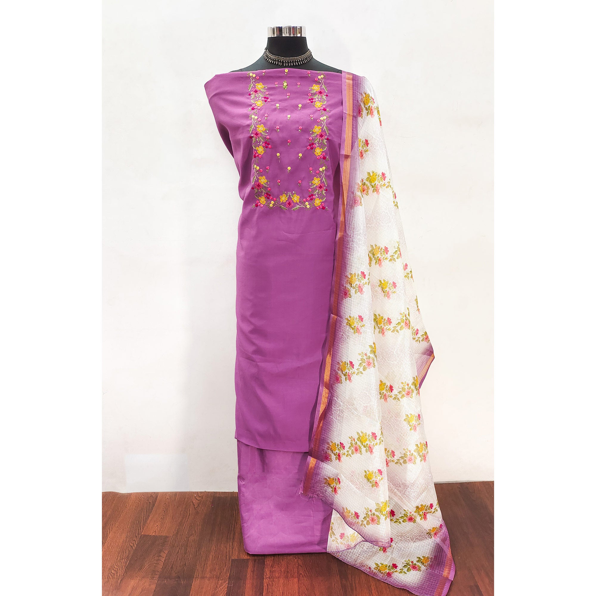 Purpple Viscose Dress Material With Floral Embroidered Neckline