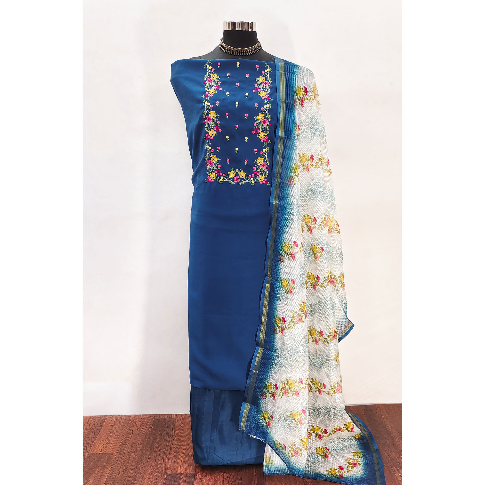 Teal Viscose Dress Material With Floral Embroidered Neckline