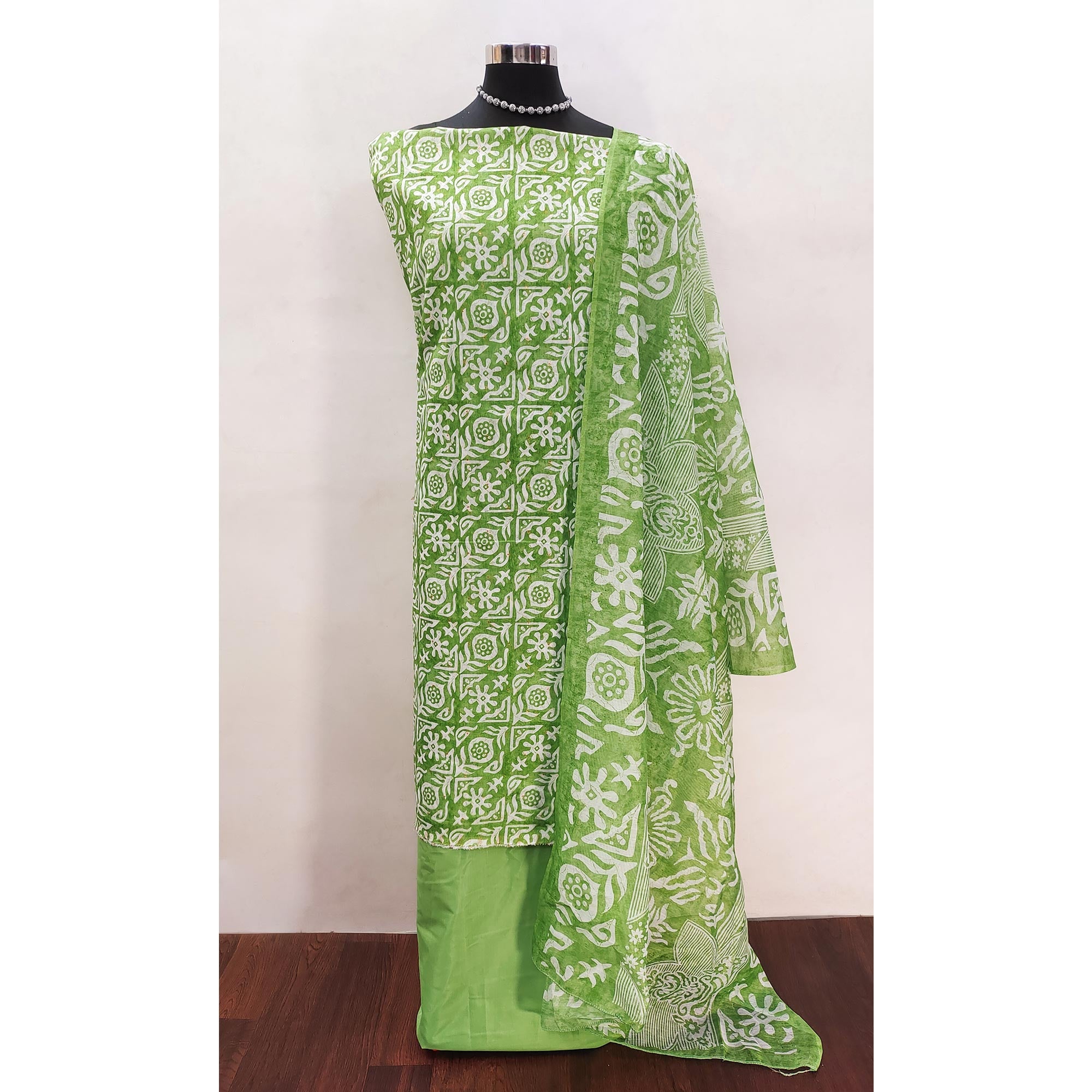 Green Traditional Batik Print on Linen Dress Material