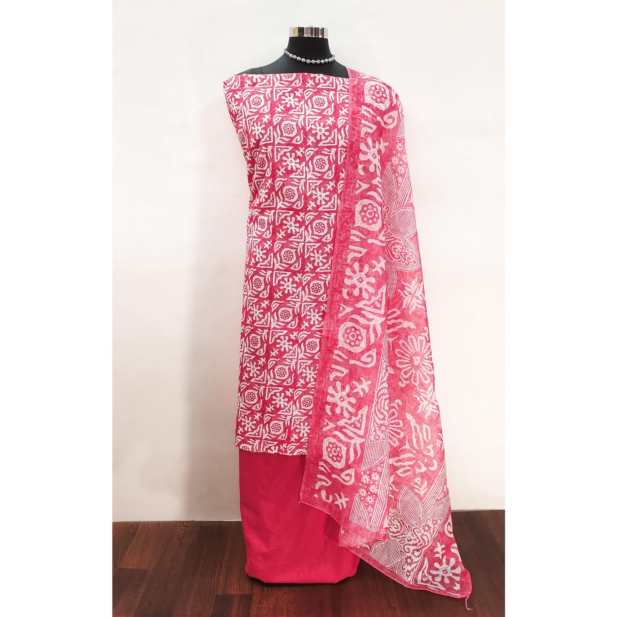 Pink Traditional Batik Print on Linen Dress Material