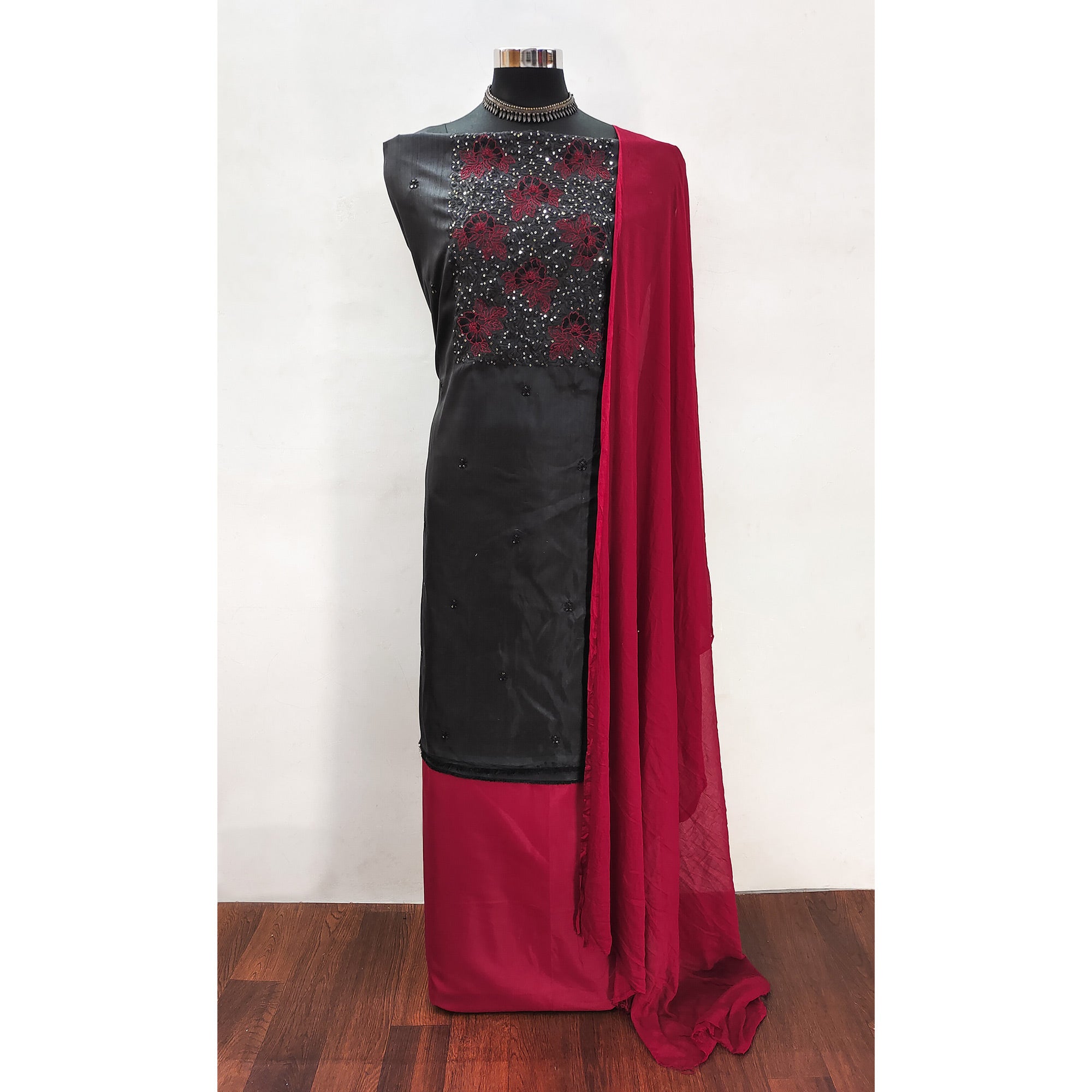 Black Silk Blend Dress Material with Sequin Embroidery