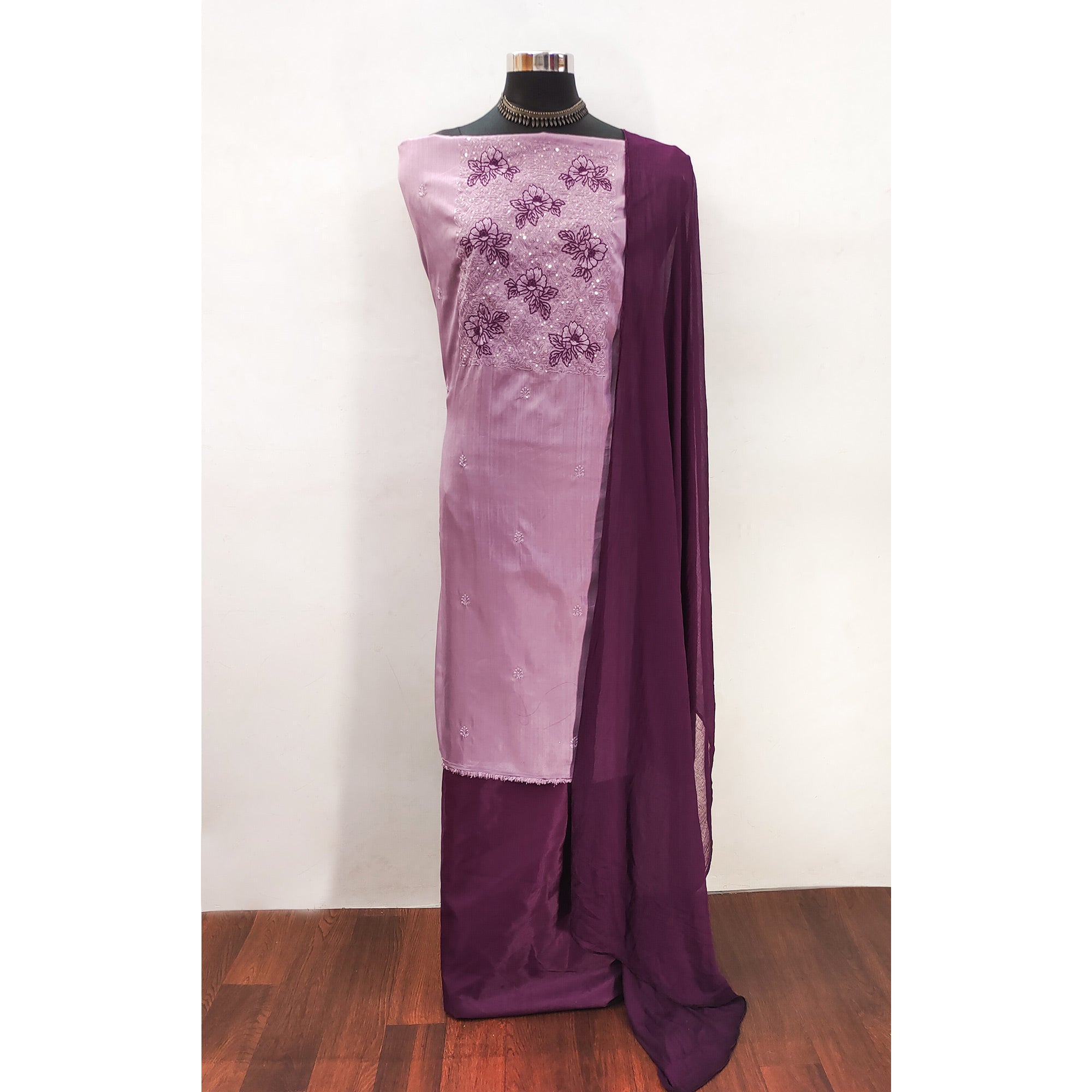 Light Pink Silk Blend Dress Material with Sequin Embroidery