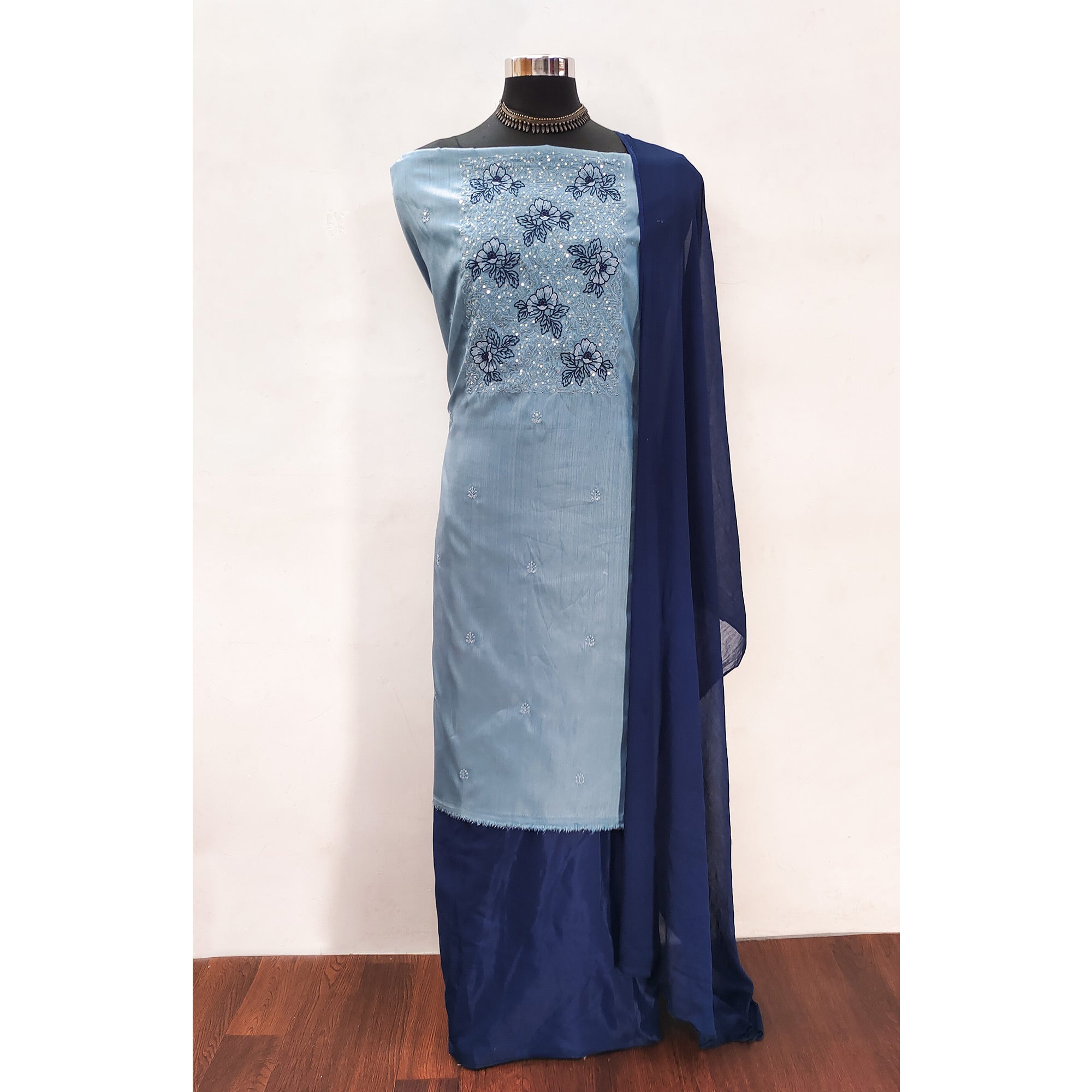 Sky Blue Silk Blend Dress Material with Sequin Embroidery