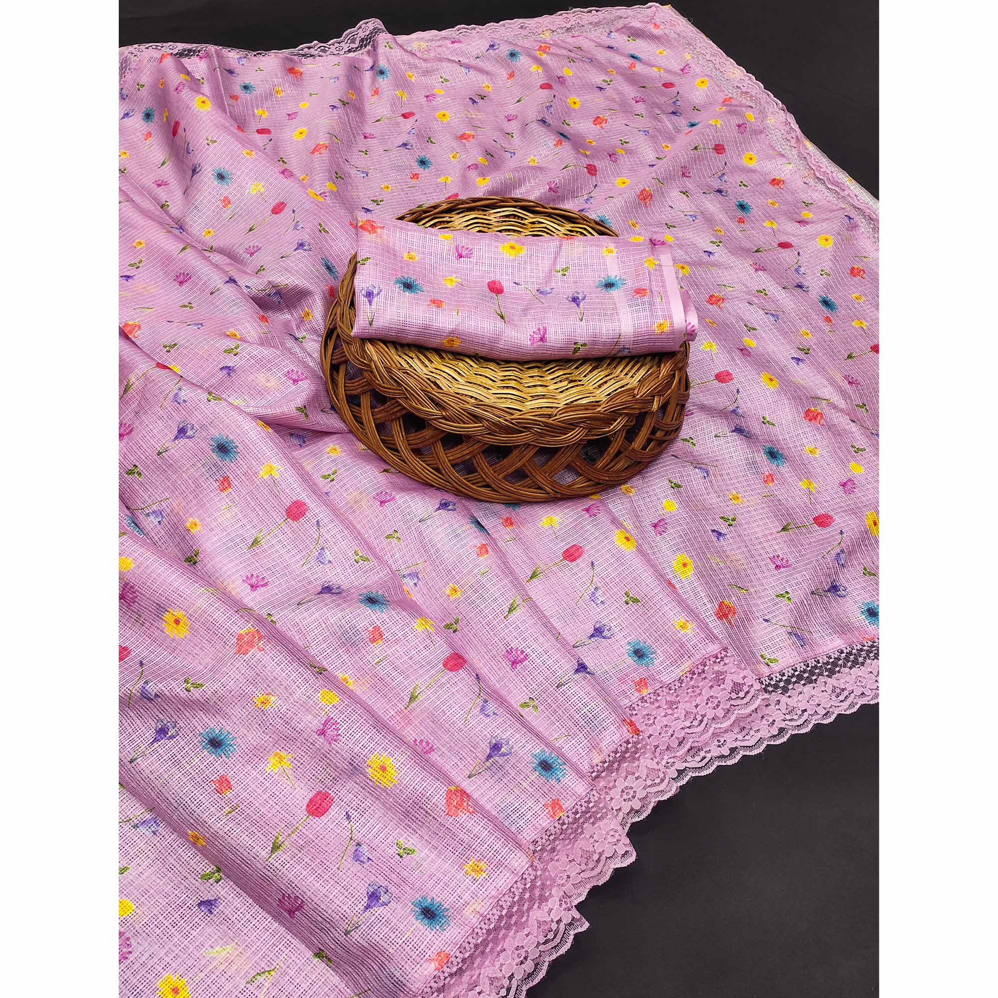 Elegant Pink Floral Kota Doria Saree with Delicate Lace Detailing