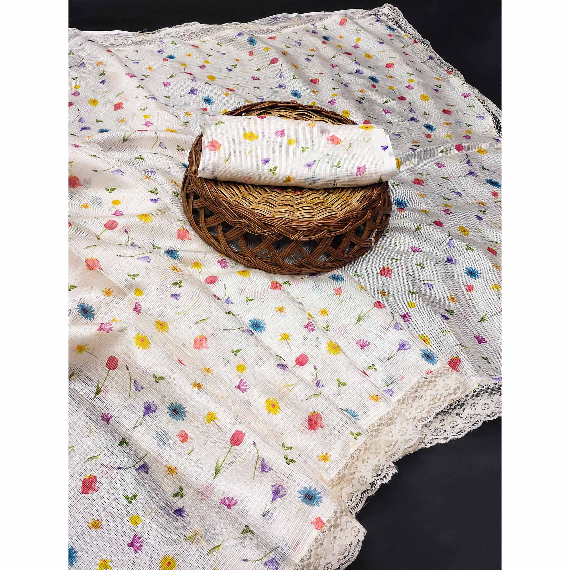 Elegant White Floral Kota Doria Saree with Delicate Lace Detailing