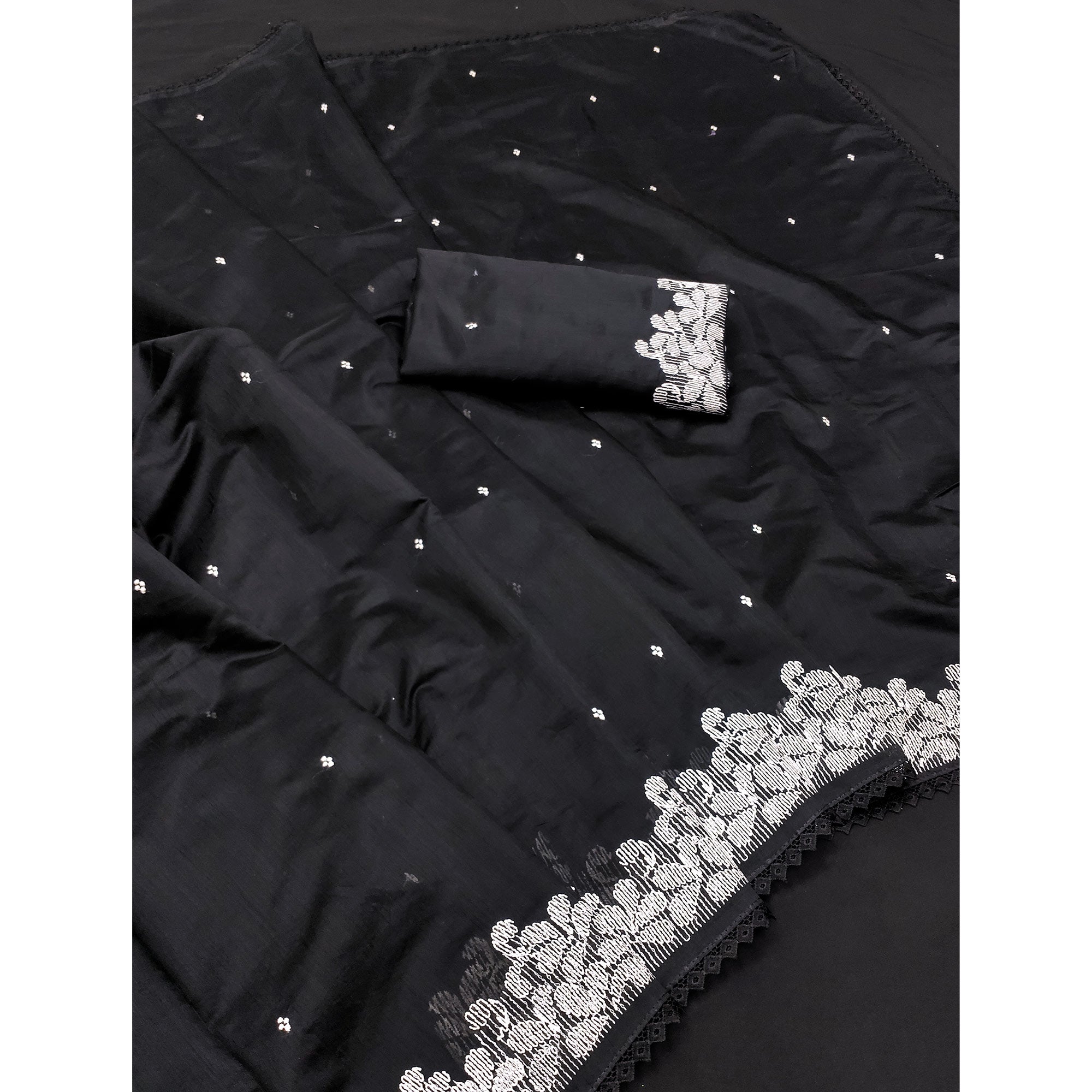 Graceful Black Chanderi Cotton Saree with Intricate Thread Embroidery