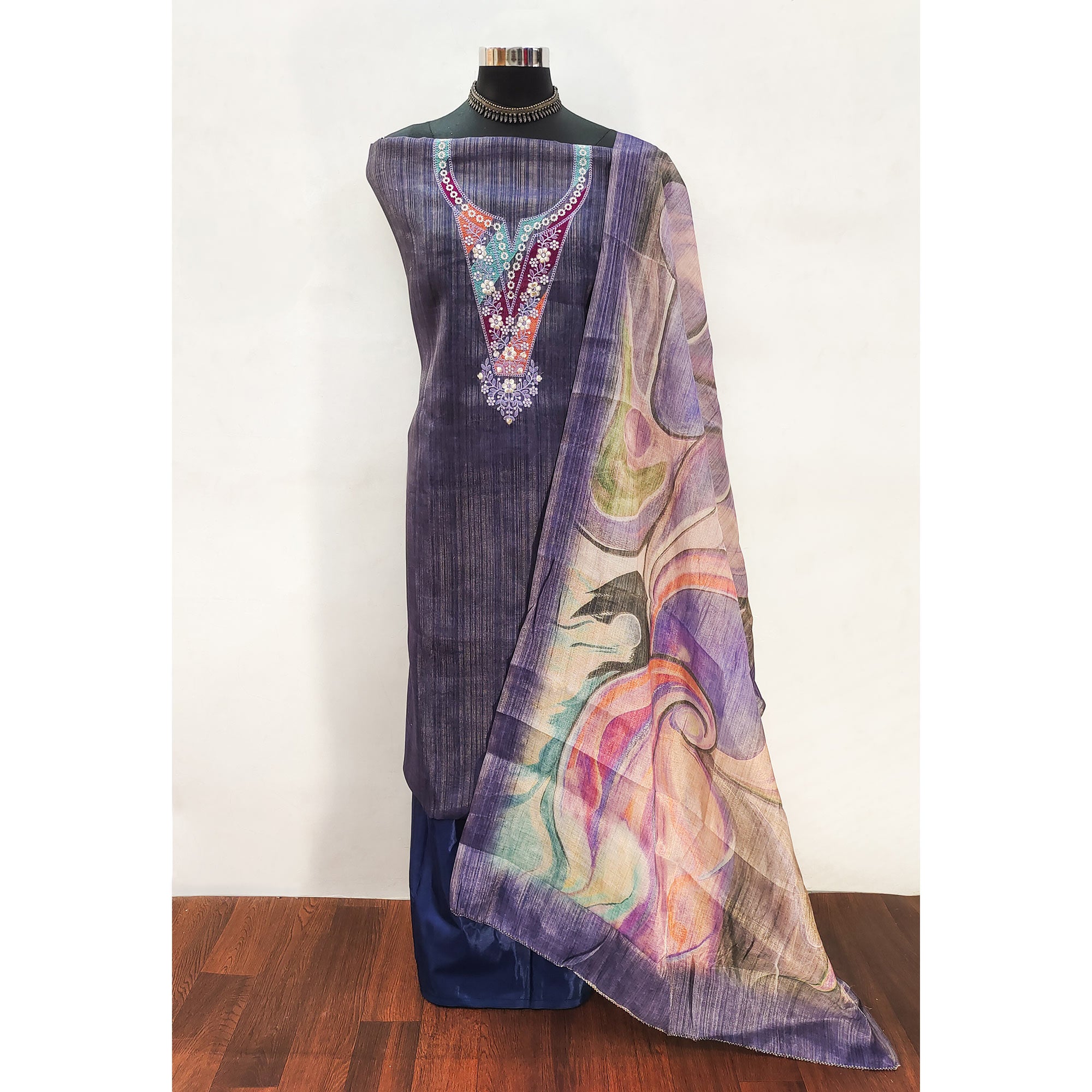 Blue Art Silk Dress Material With Neck Embroidery