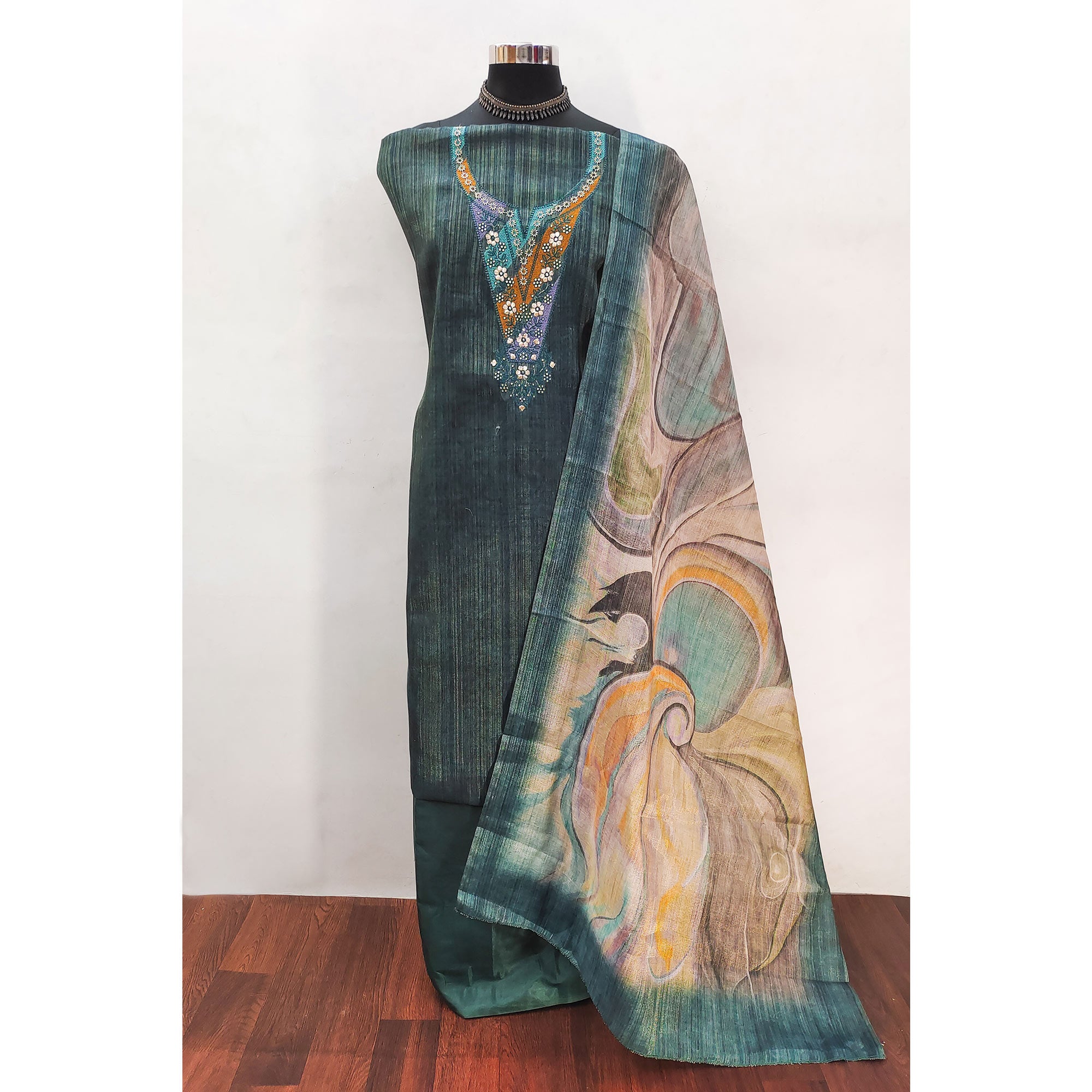 Grey Art Silk Dress Material With Neck Embroidery