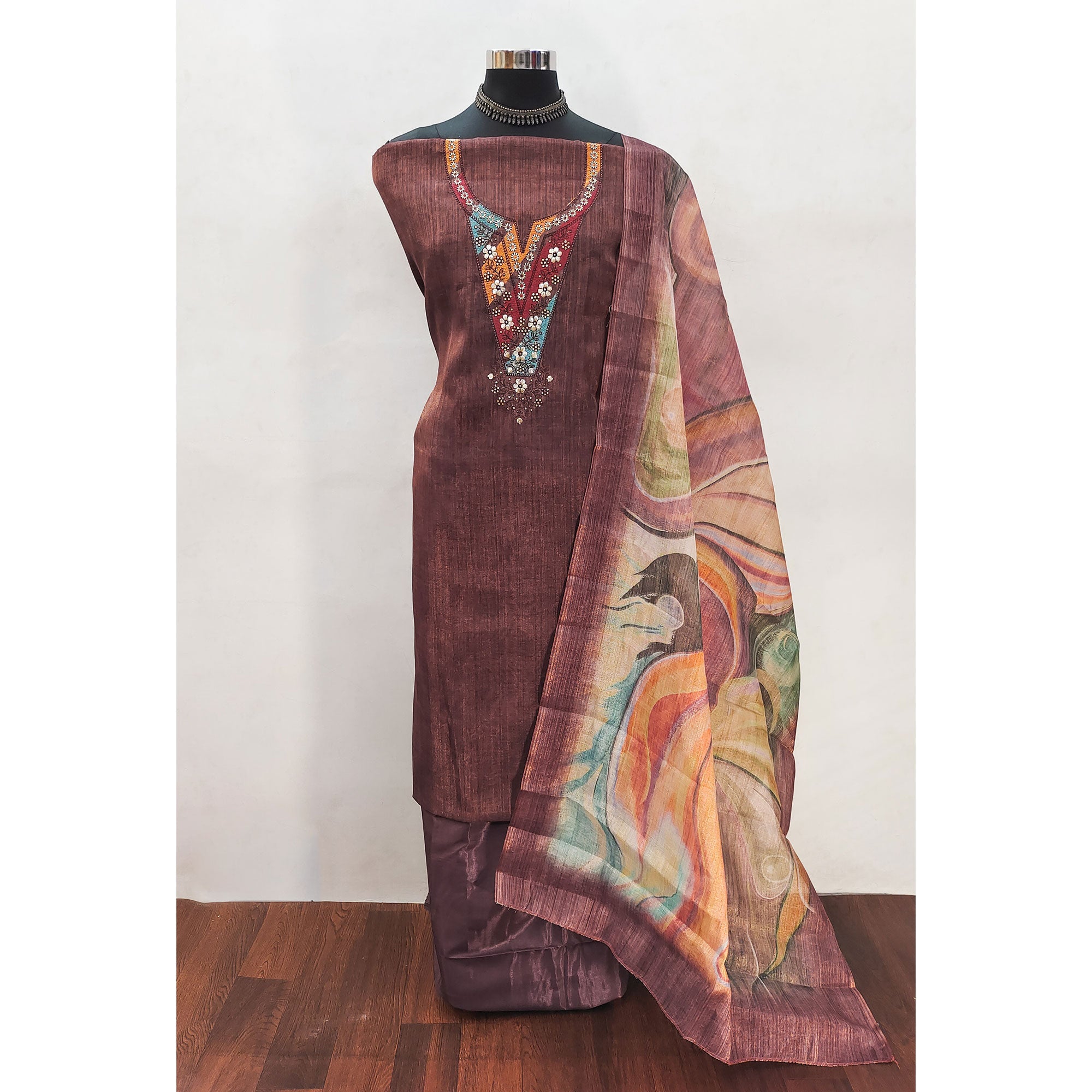 Mauve Art Silk Dress Material with Neck Embroidery