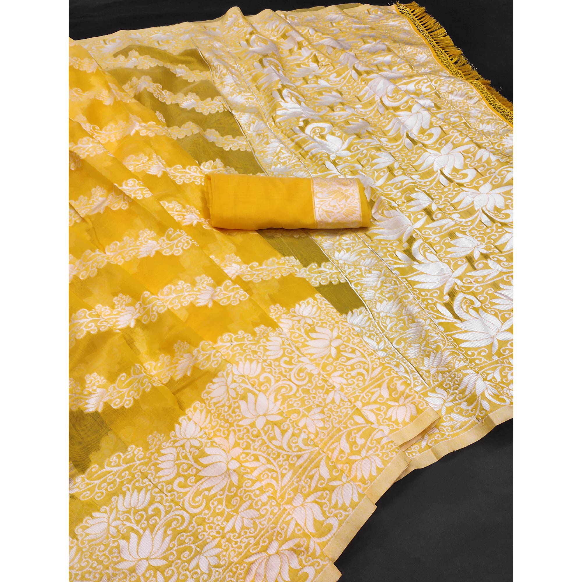 Radiant Yellow Woven Silk Saree with Floral Accents