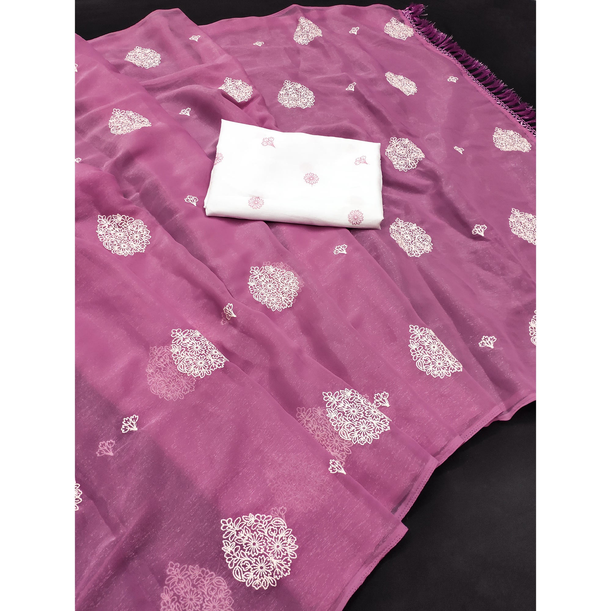Pink Embroidered Chiffon Saree With Elegant Tassel Borders