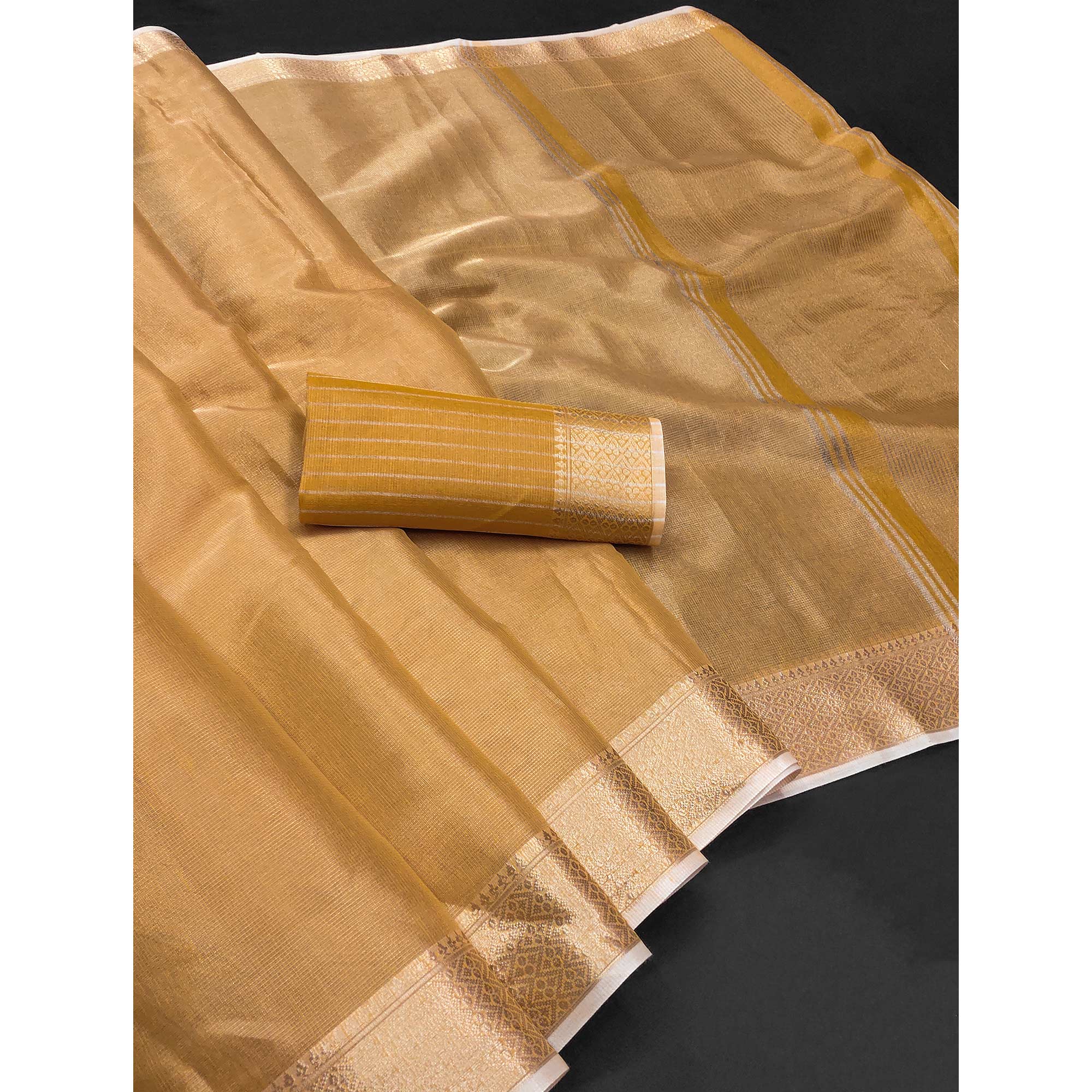 Subtle Solid Beige Kota Doria Saree with Traditional Zari Weaving Edging