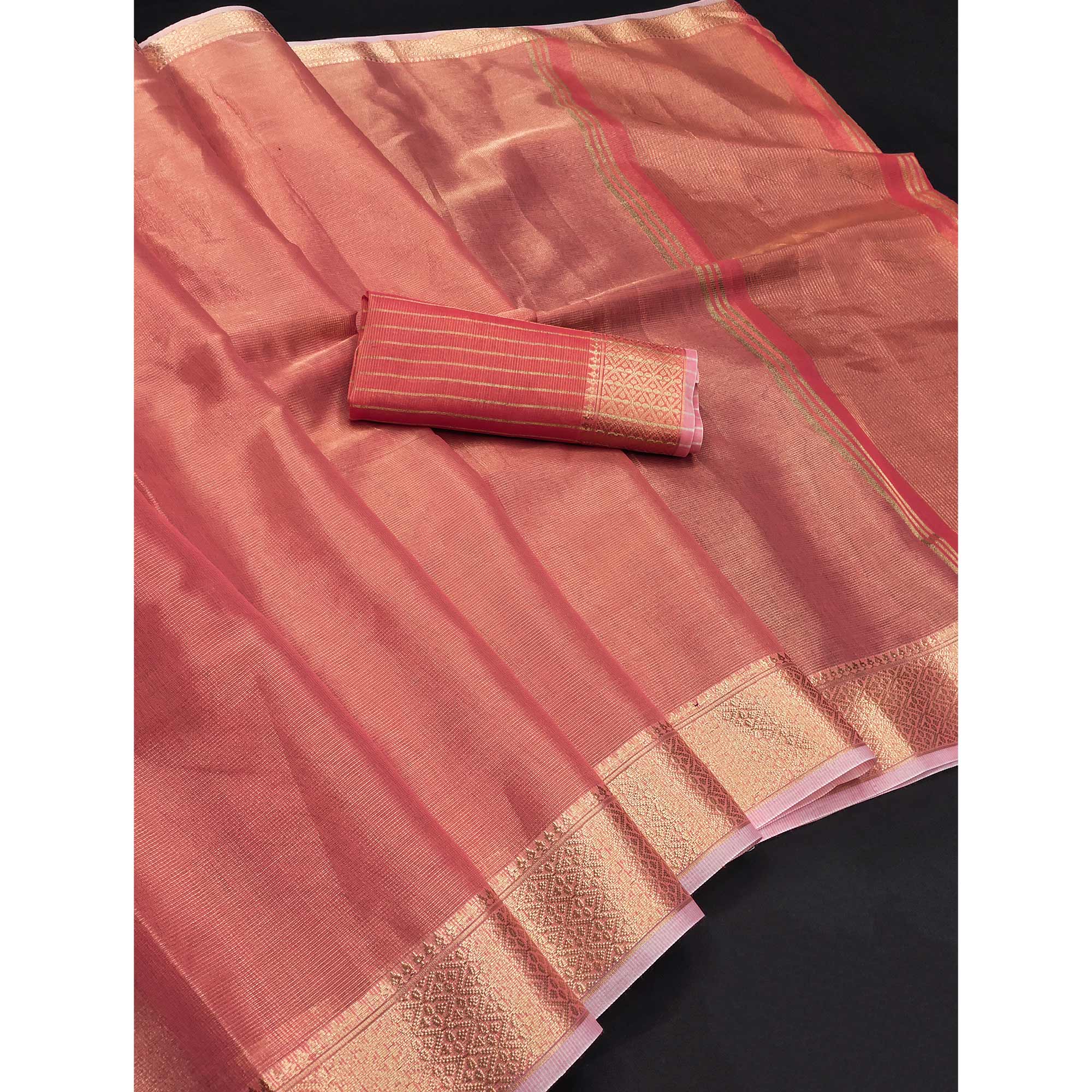 Subtle Solid Peach Kota Doria Saree with Traditional Zari Weaving Edging