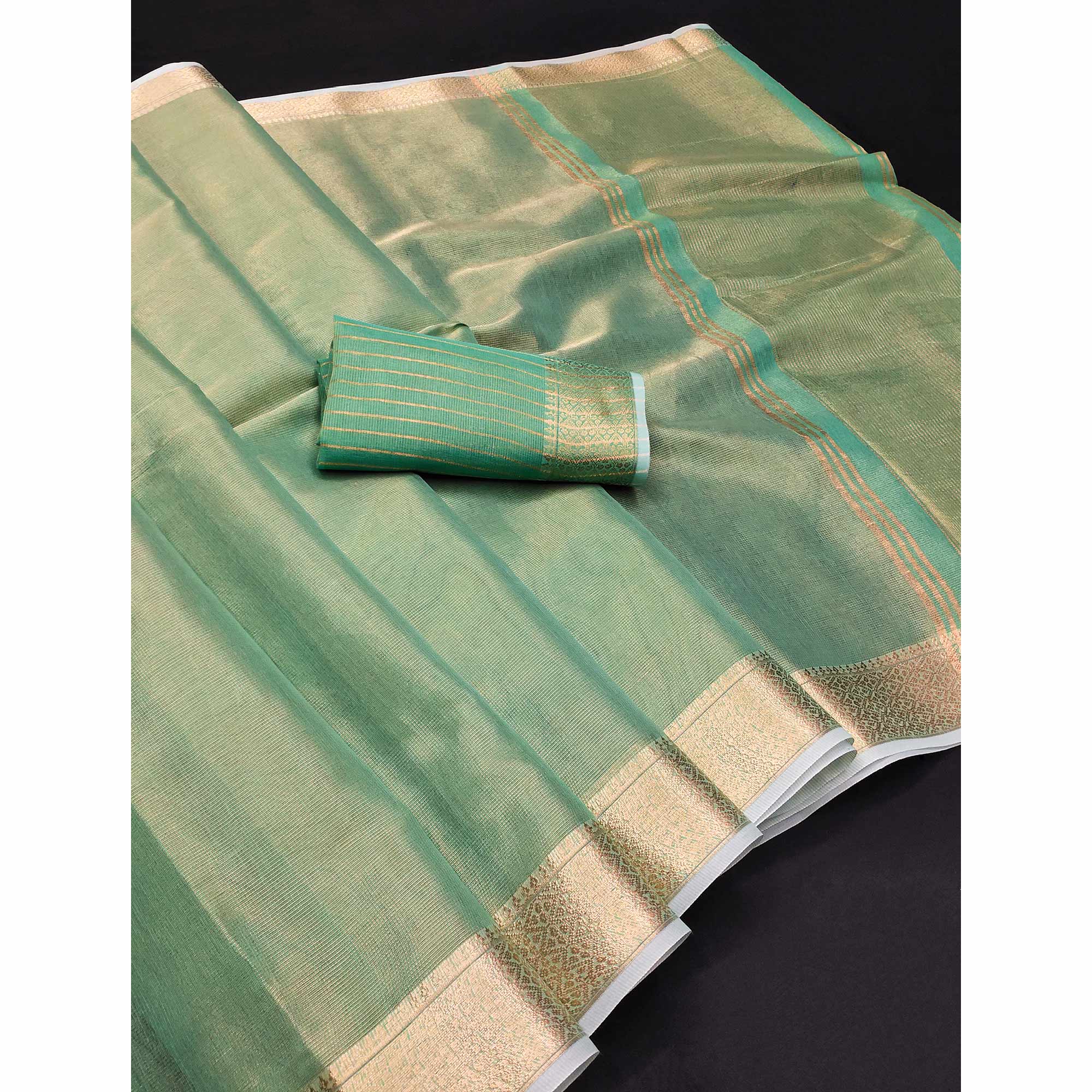 Subtle Solid Sea Green Kota Doria Saree with Traditional Zari Weaving Edging
