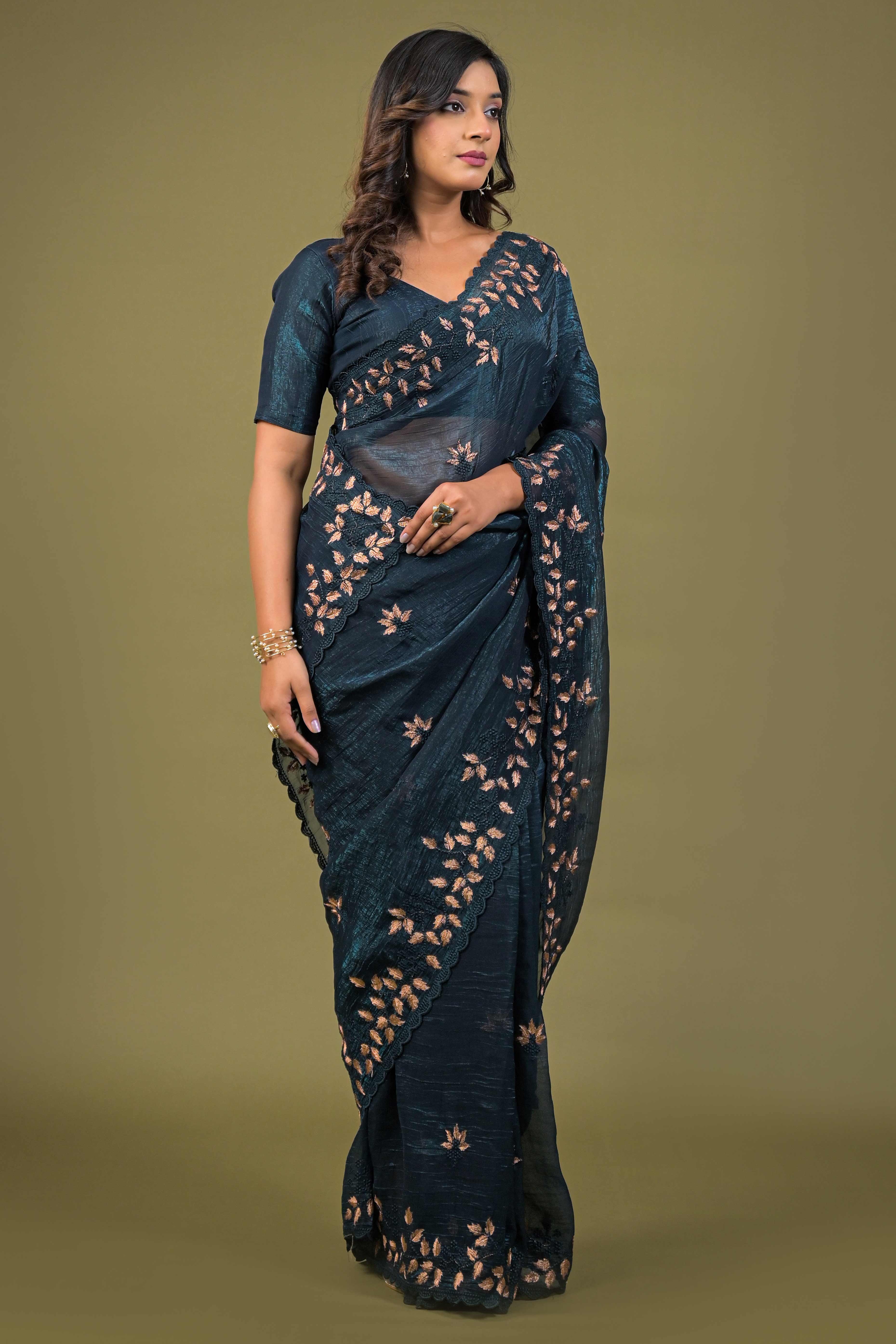 Dark Teal Sheer Organza Saree Adorned with Floral Embroidery