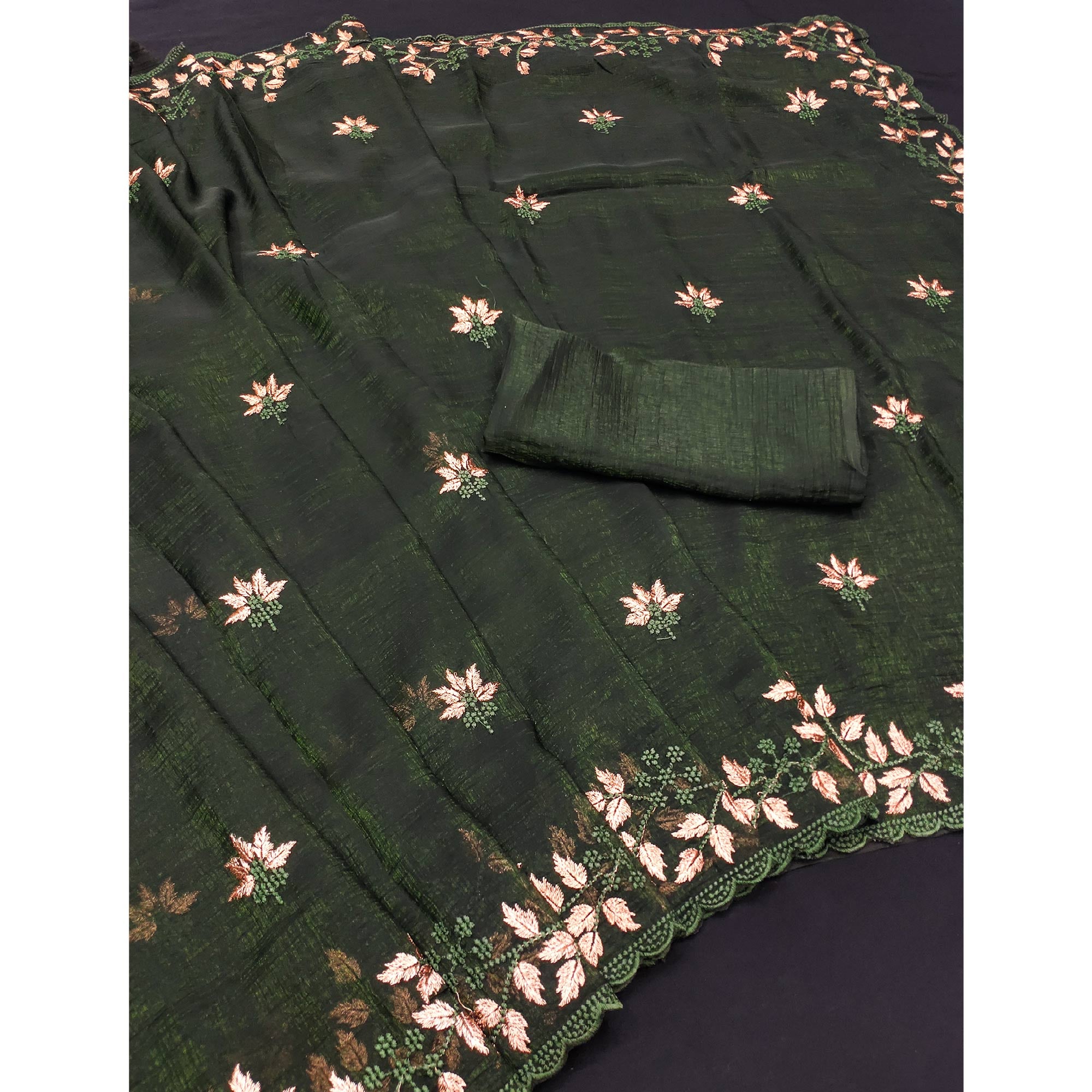 Mehendi Green Sheer Organza Saree Adorned with Floral Embroidery