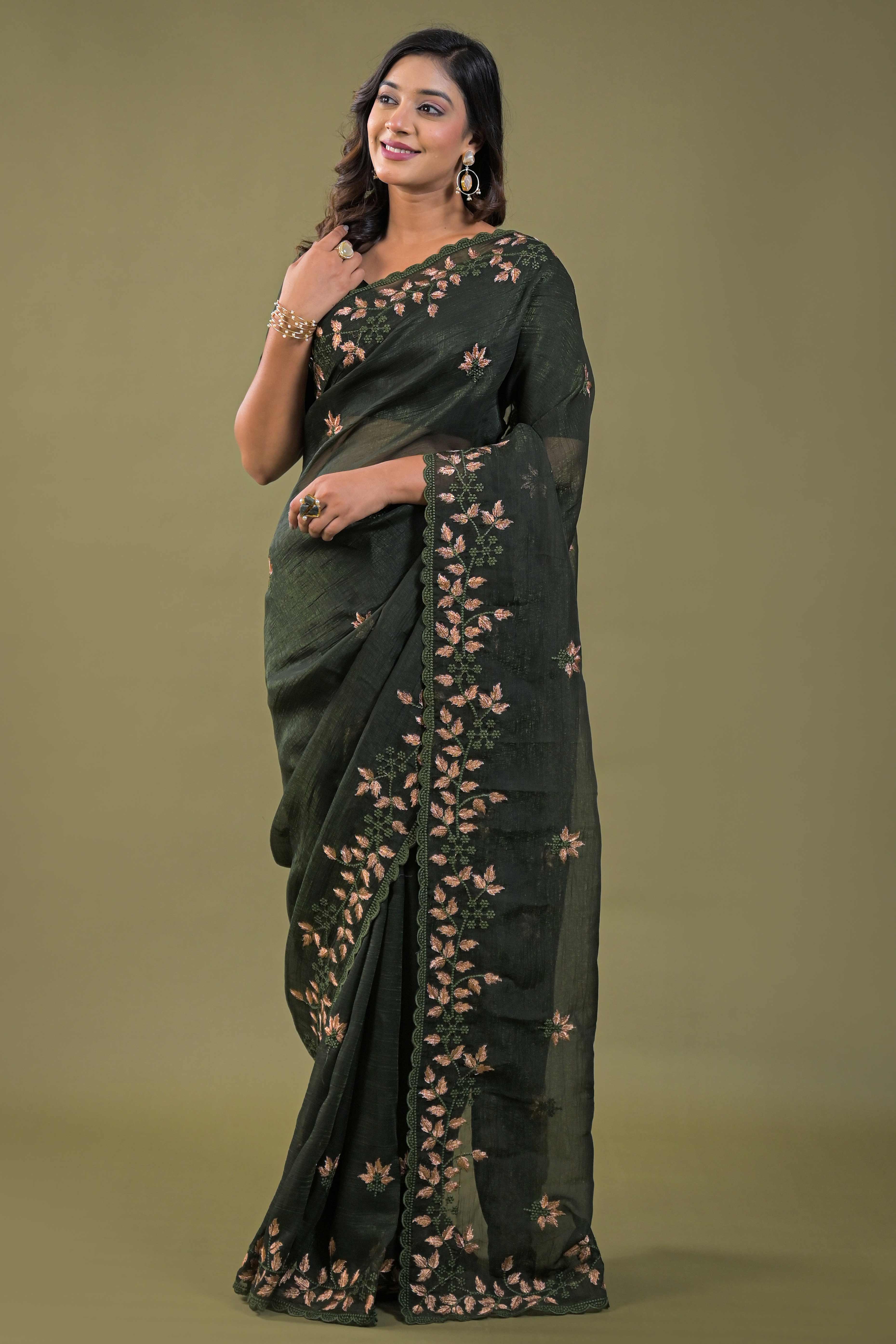 Mehendi Green Sheer Organza Saree Adorned with Floral Embroidery