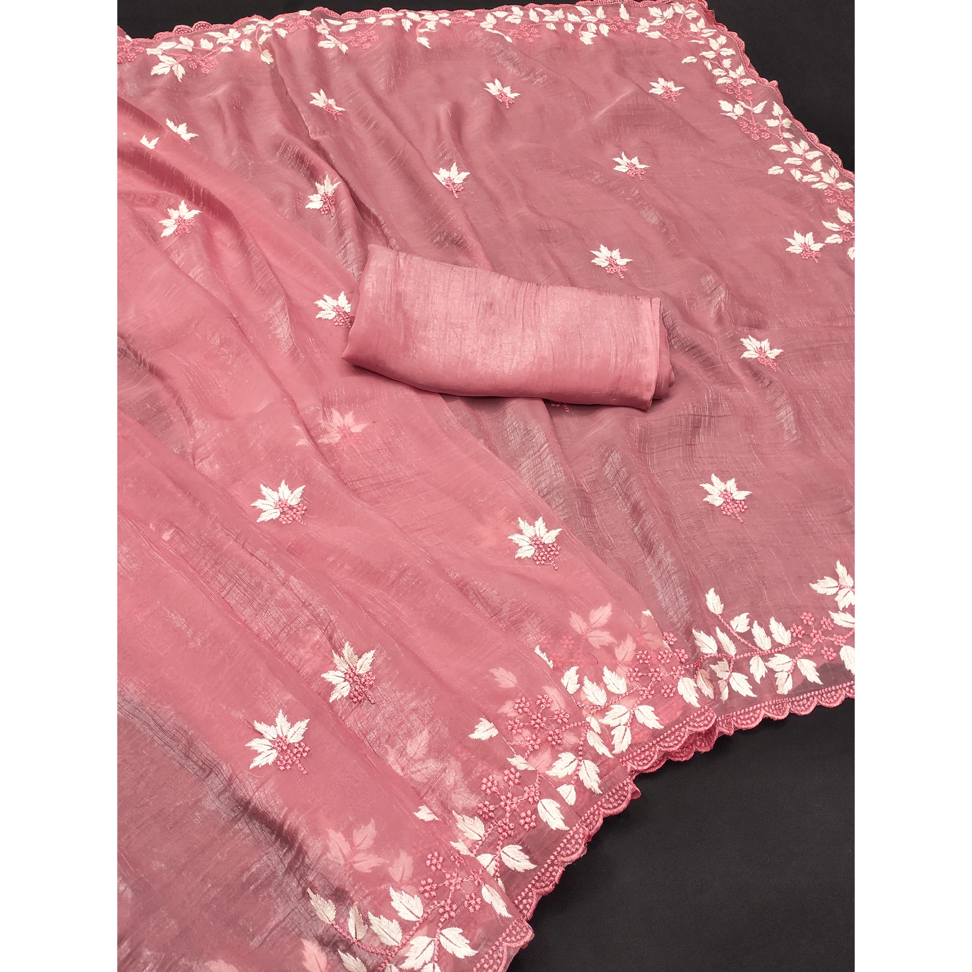 Peach Organza Saree Featuring Fine Floral Embroidery