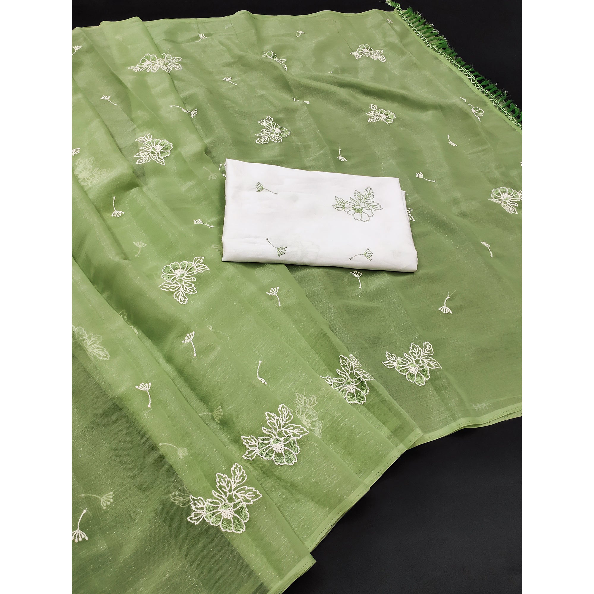 Designer Green Chiffon Saree with Intricate Floral Embroidery