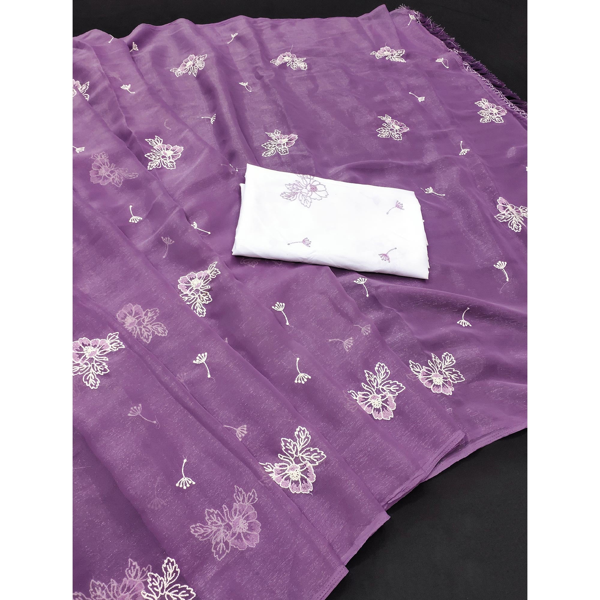Designer Purple Chiffon Saree with Intricate Floral Embroidery