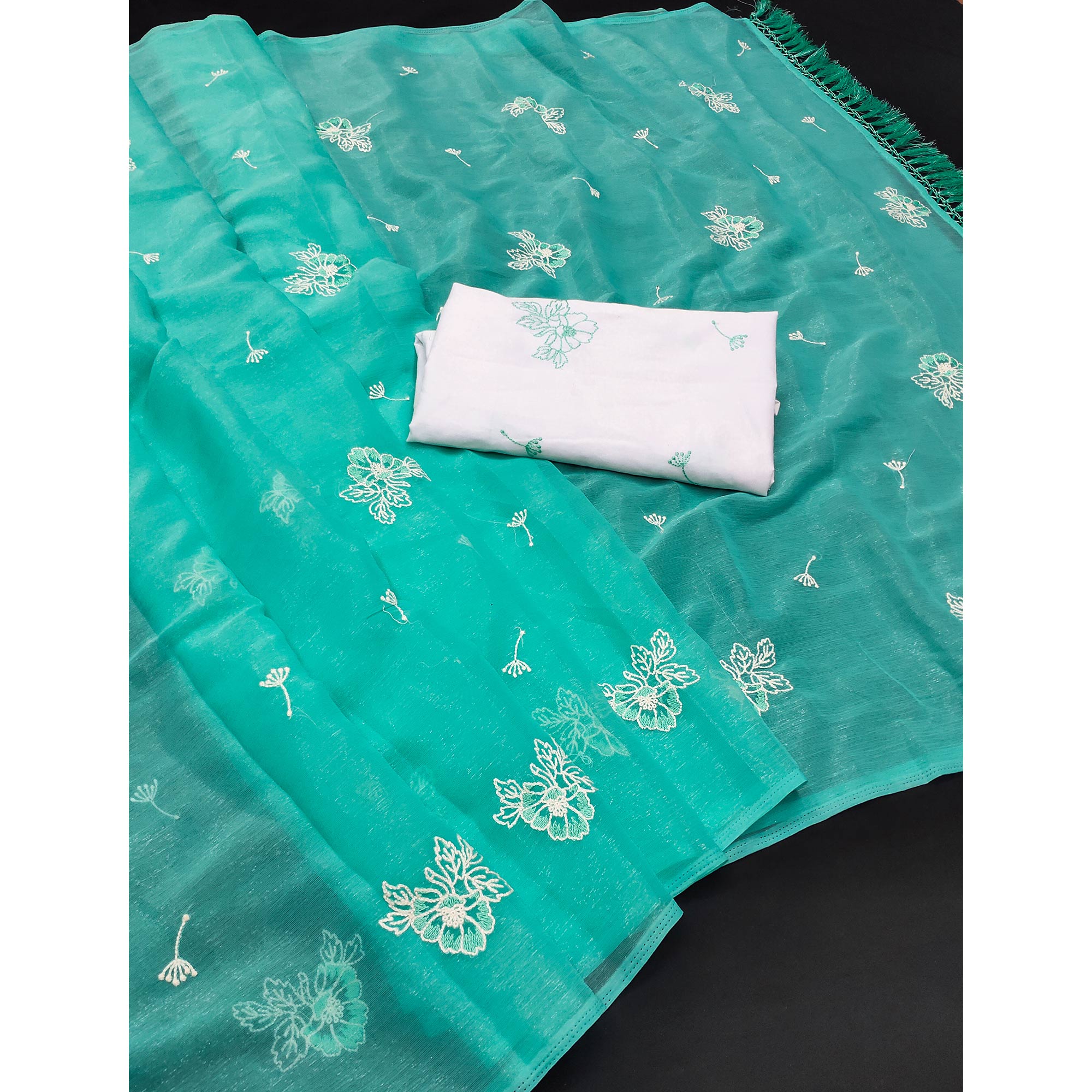 Designer Turquoise Chiffon Saree with Intricate Floral Embroidery