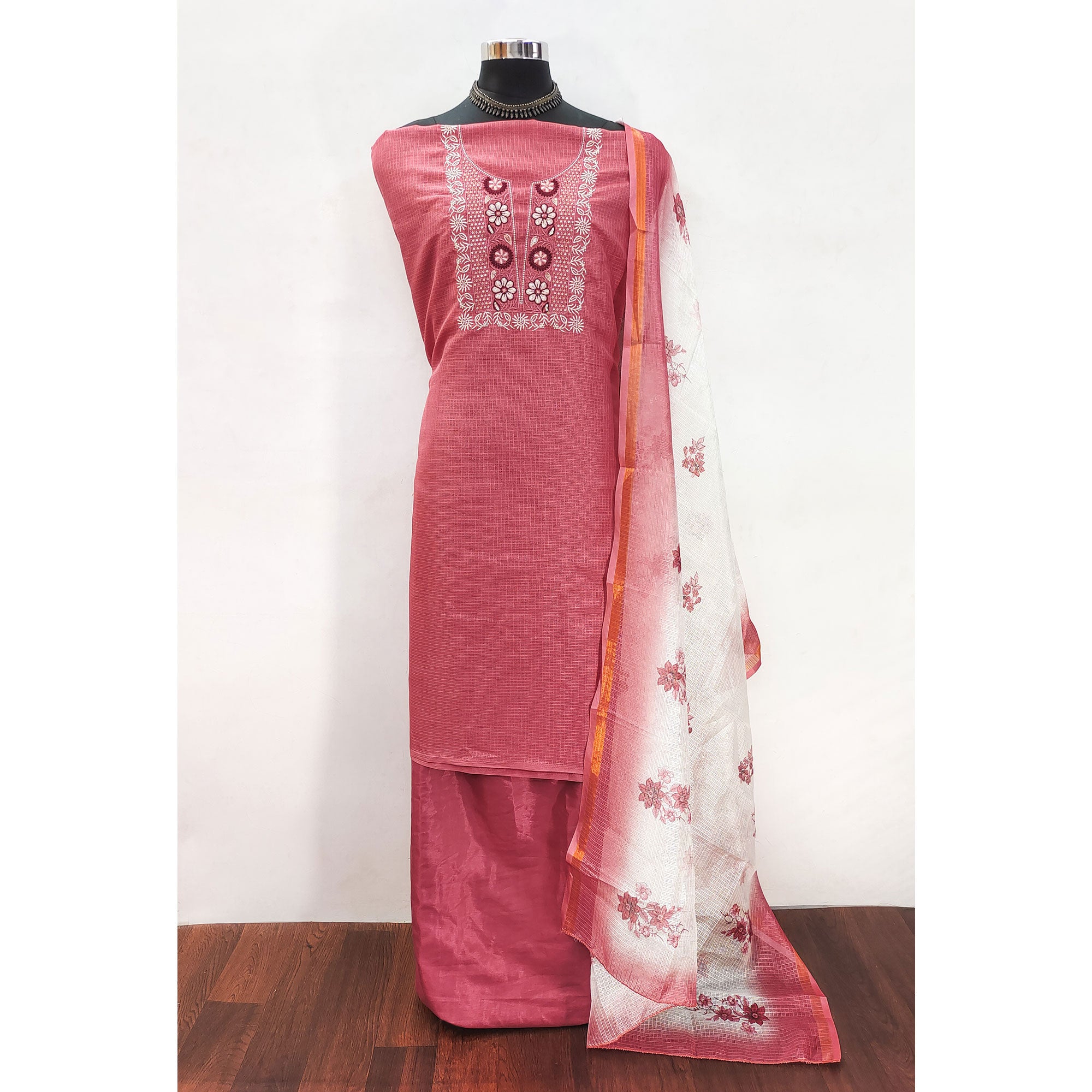 Peach Kota Doria Fabric with Beautifully Embroidered Floral Designs