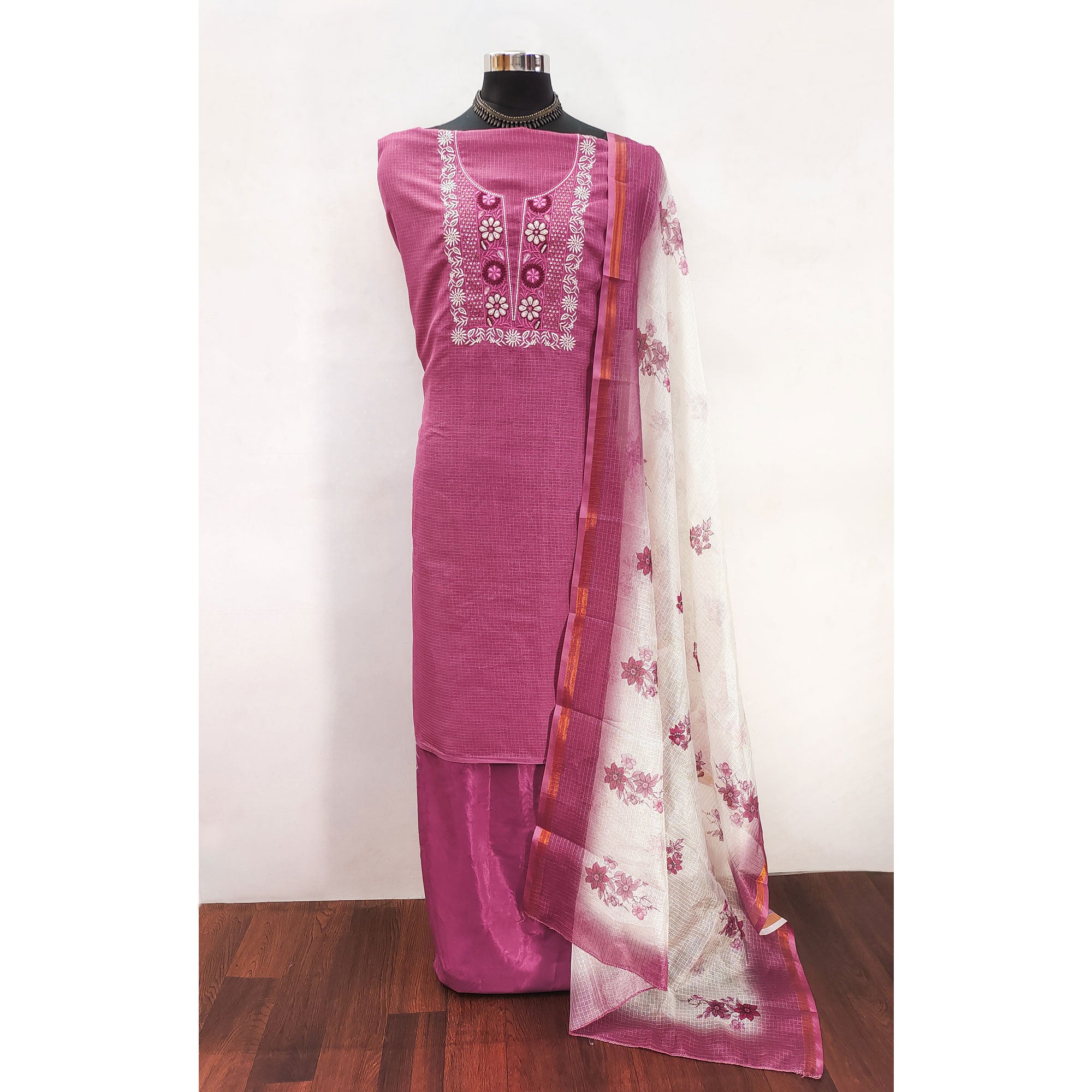 Pink Kota Doria Fabric with Beautifully Embroidered Floral Designs