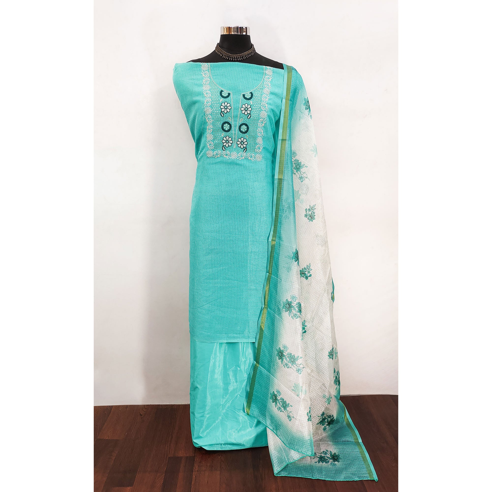 Turquoise Kota Doria Fabric with Beautifully Embroidered Floral Designs