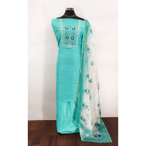 Turquoise Kota Doria Fabric with Beautifully Embroidered Floral Designs