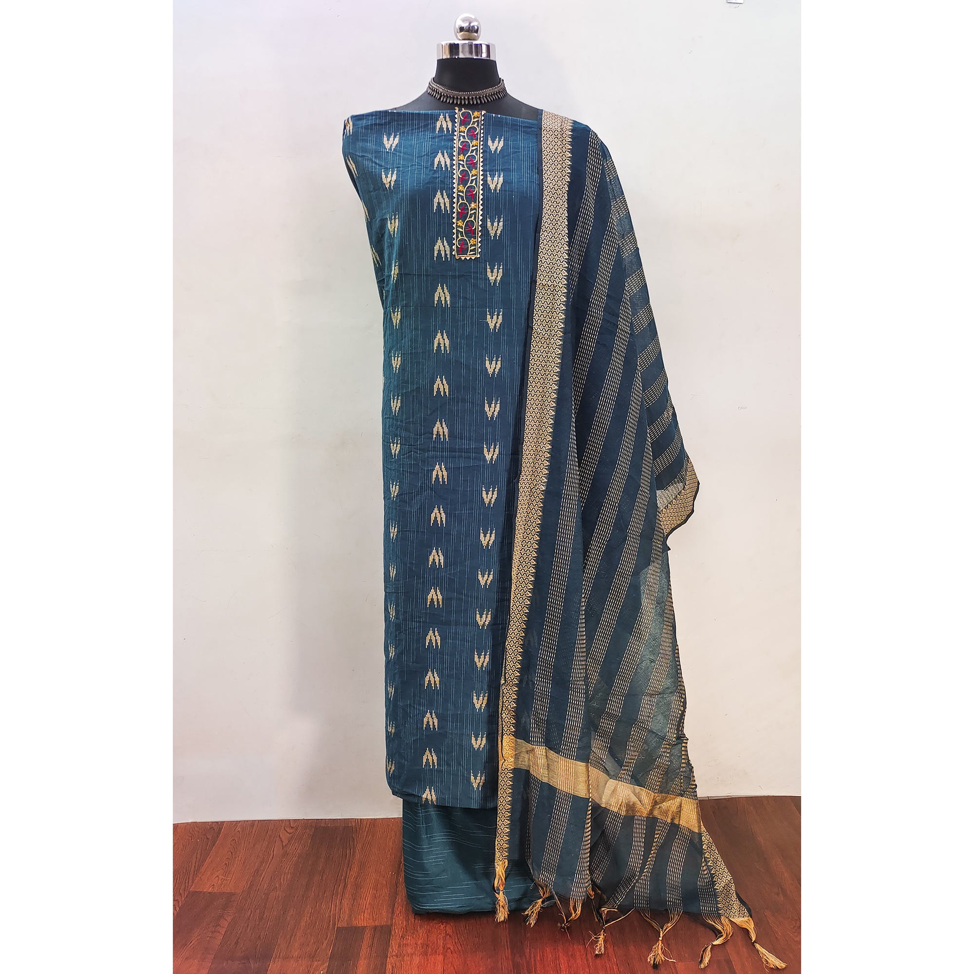 Blue Ikkat Style Woven Dress Material in Soft Pure Cotton for Everyday Wear