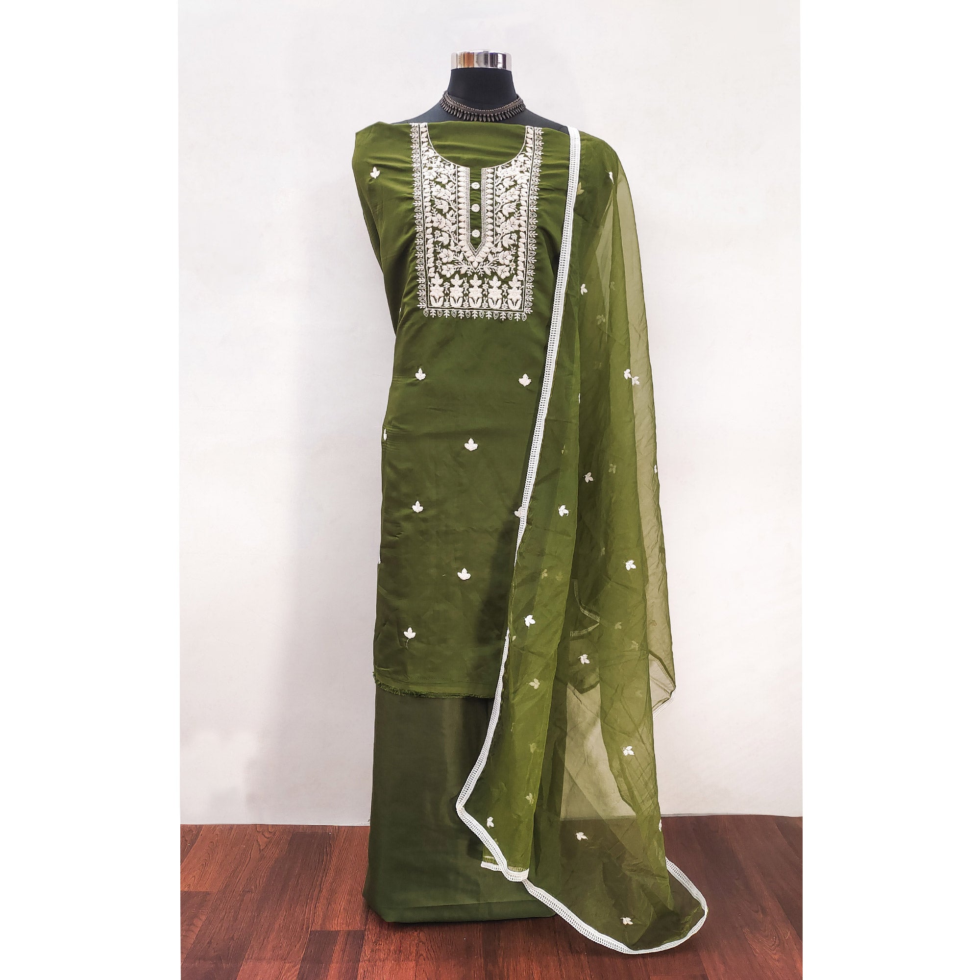 Soft Viscose Fabric in Green with Delicate Floral Work