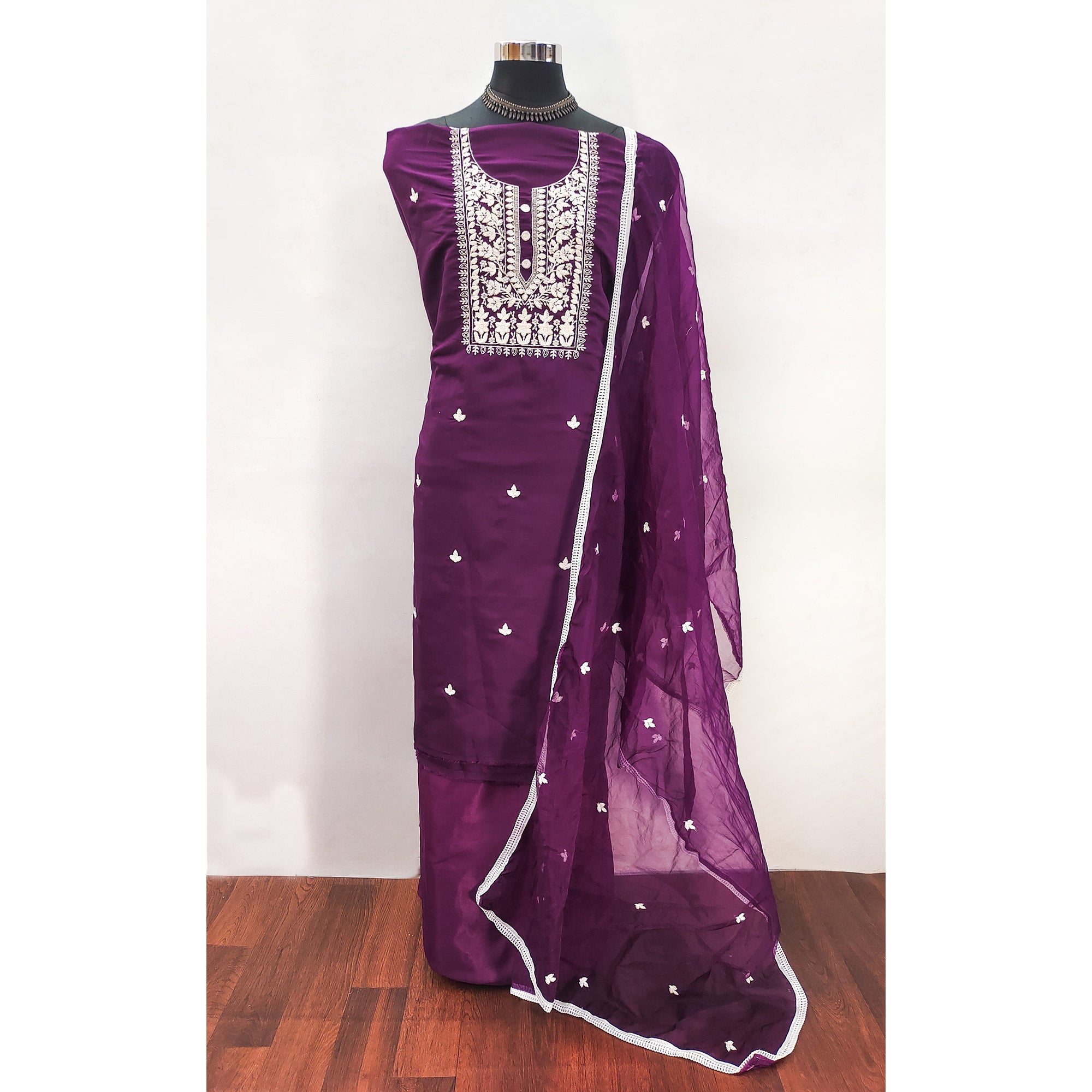 Soft Viscose Fabric in Purple with Delicate Floral Work