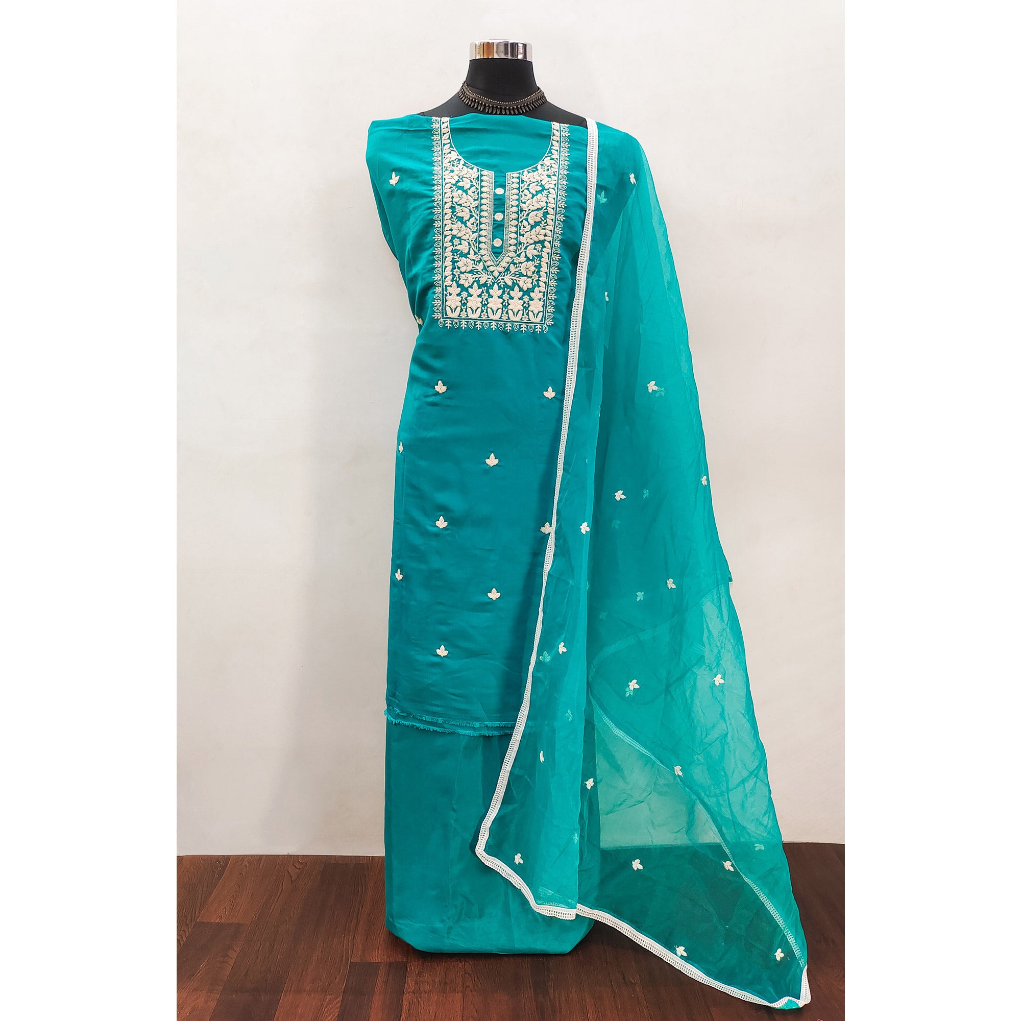 Soft Viscose Fabric in Turquoise with Delicate Floral Work