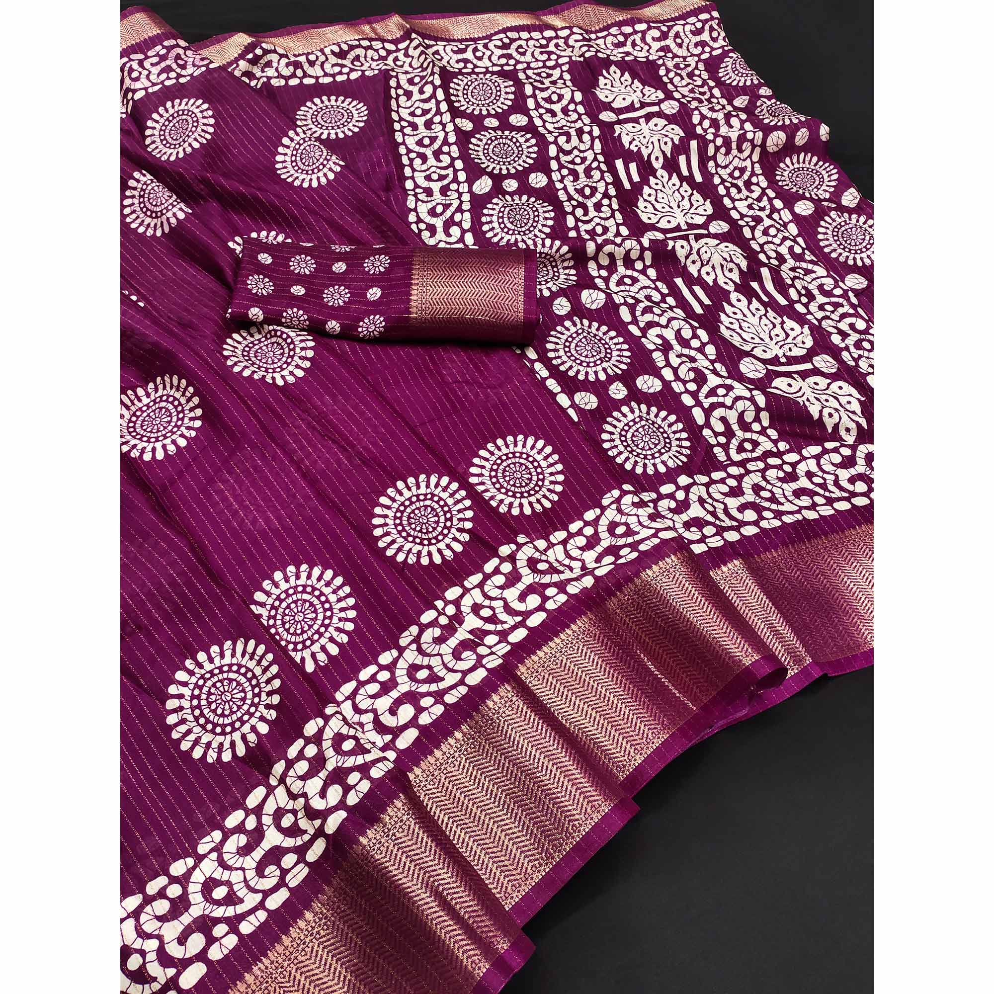 Classic Purple Dola Silk Saree Adorned with Floral Motifs & Rich Zari Work